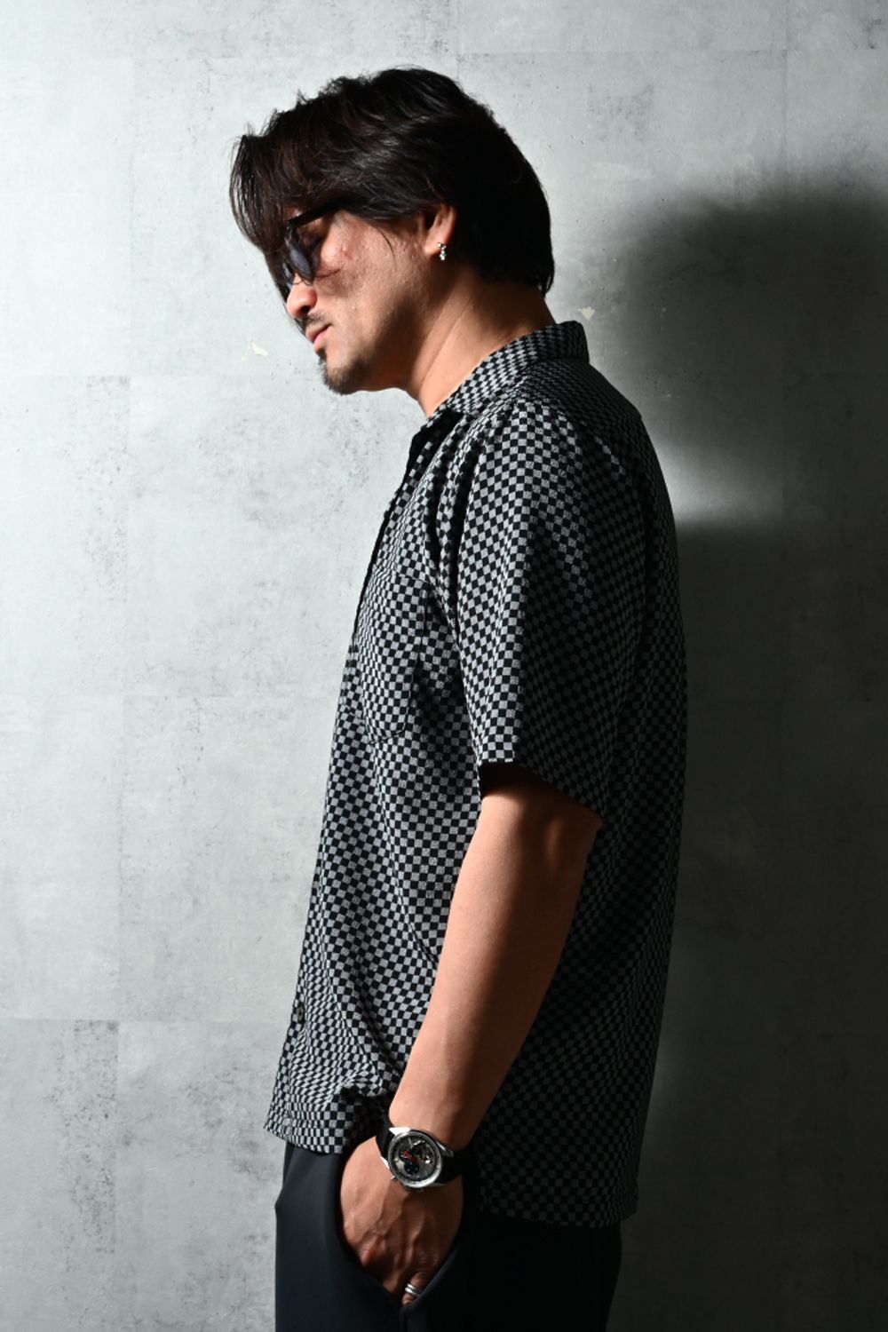 ICHIMATU SHIRTS / 市松模様 ハーフスリーブ オープンカラーシャツ (ブラック/グレー) (3月中旬入荷予定) ※オーダー締切12/13(土)17:00