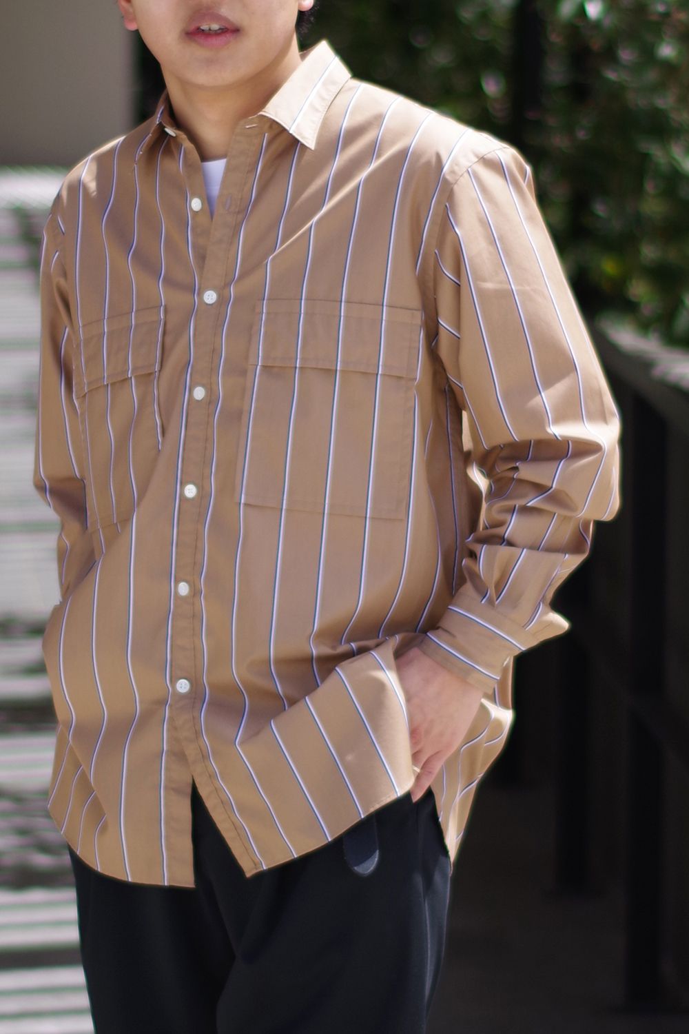 W POCKET SHIRT - CP STRIPES / コットン / ポリエステル ストライプ ダブルポケットシャツ ベージュ