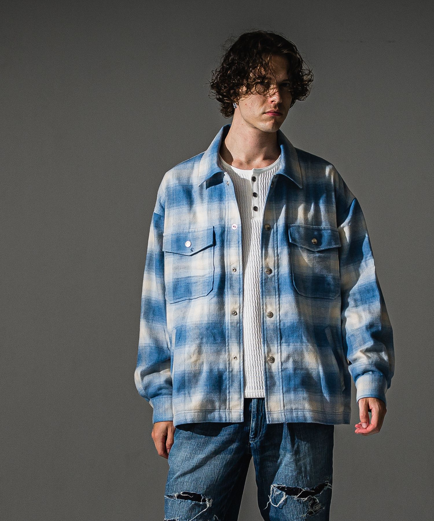 flannel check JK  / オンブレチェック ネルシャツジャケット (サックス) (8月末入荷予定) ※オーダー締切:5月23日(土)17時