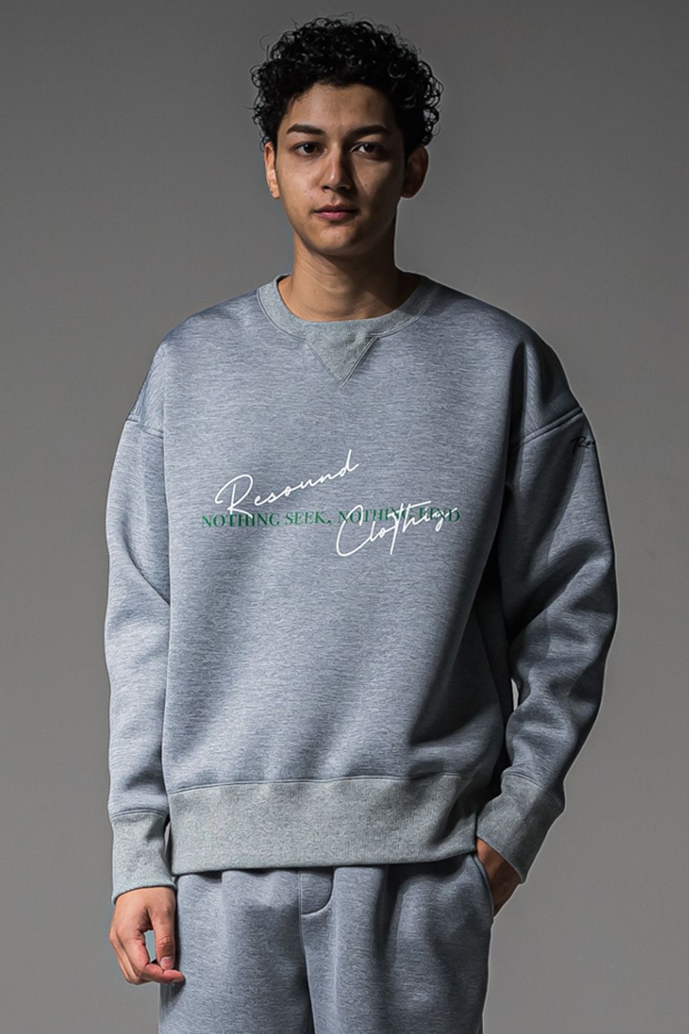 HD NOTHING drop trainer / ダンボール素材 メッセージロゴプリント ルーズフィット トレーナー グレー (9月中旬入荷予定)