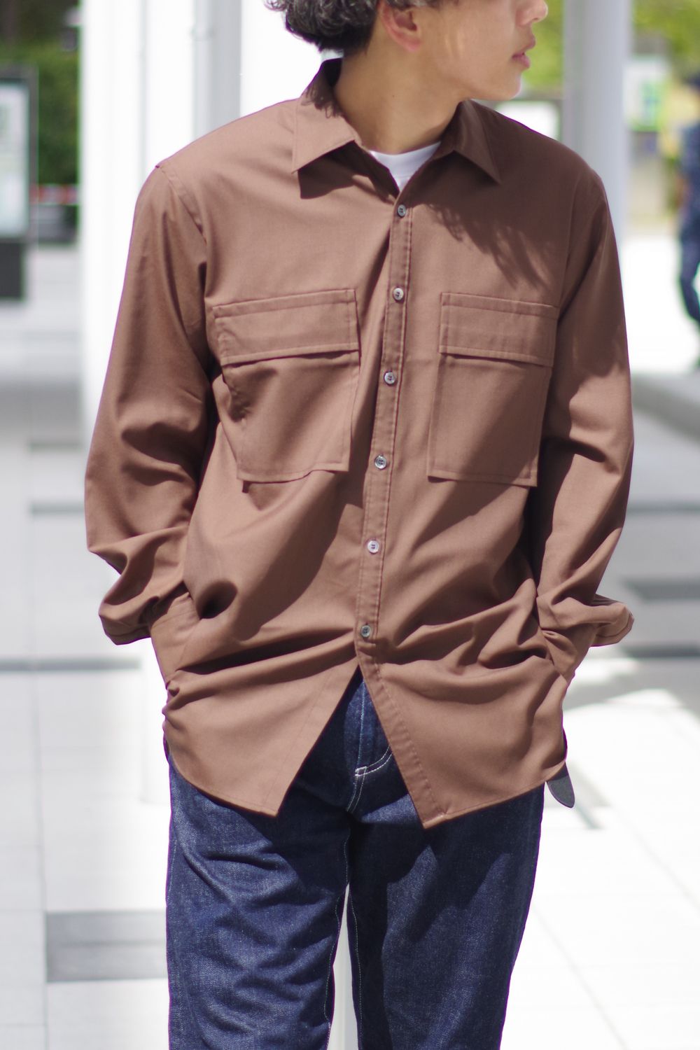 W POCKET SHIRT WOOL TROPICAL 23AW / ウォッシャブルウール ダブルポケットシャツ ブラウン
