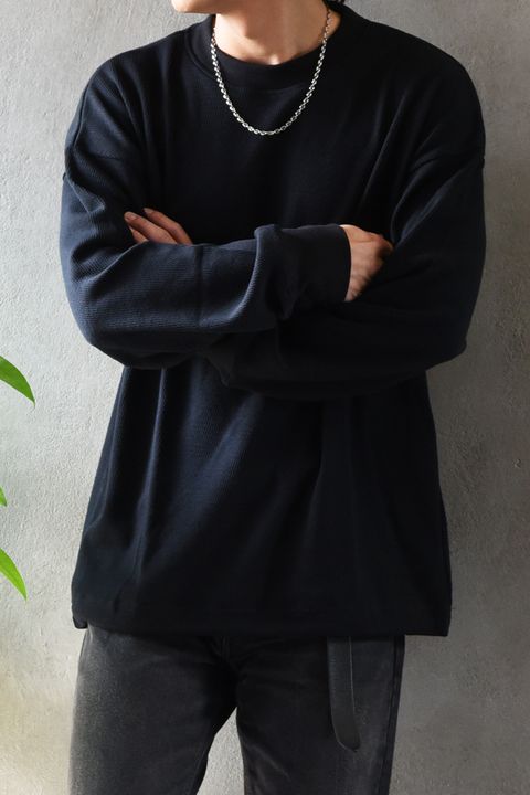 【gossip 20th別注アイテム】 DRAWSTRING THERMAL LOOSE CUTSEW / ドローストリング 特注サーマル ロングスリーブTシャツ  (ブラック)