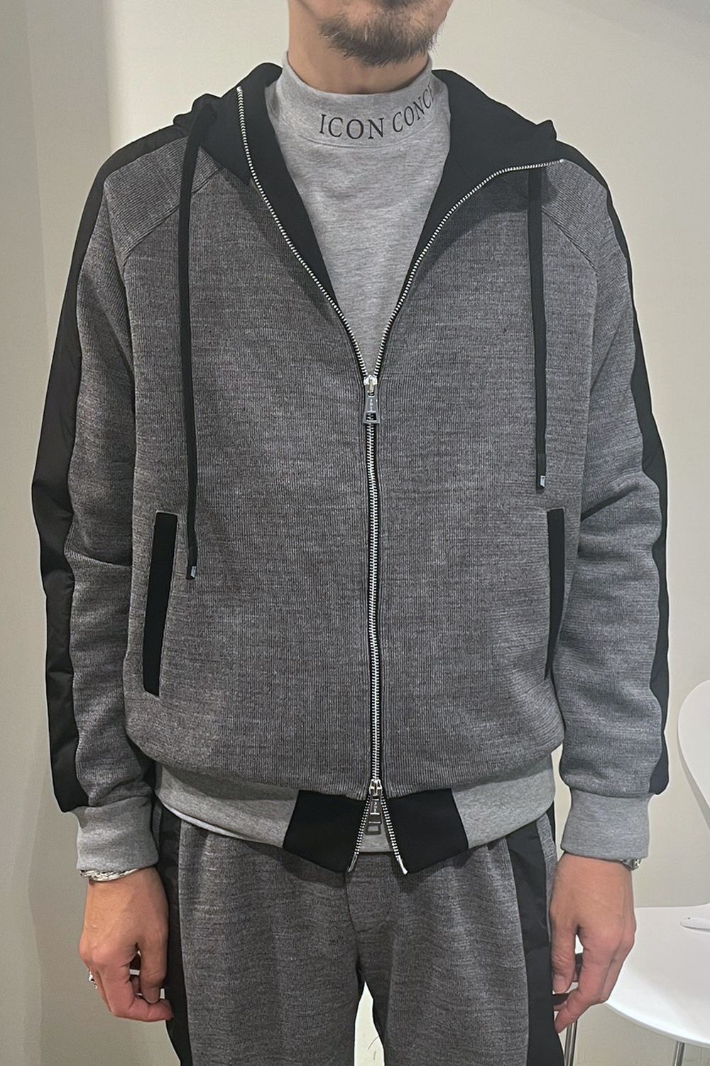 【26AW】 ICON JACKET / ウール混 ツートーン ジップアップ スウェットパーカー (グレー) (9月入荷予定)