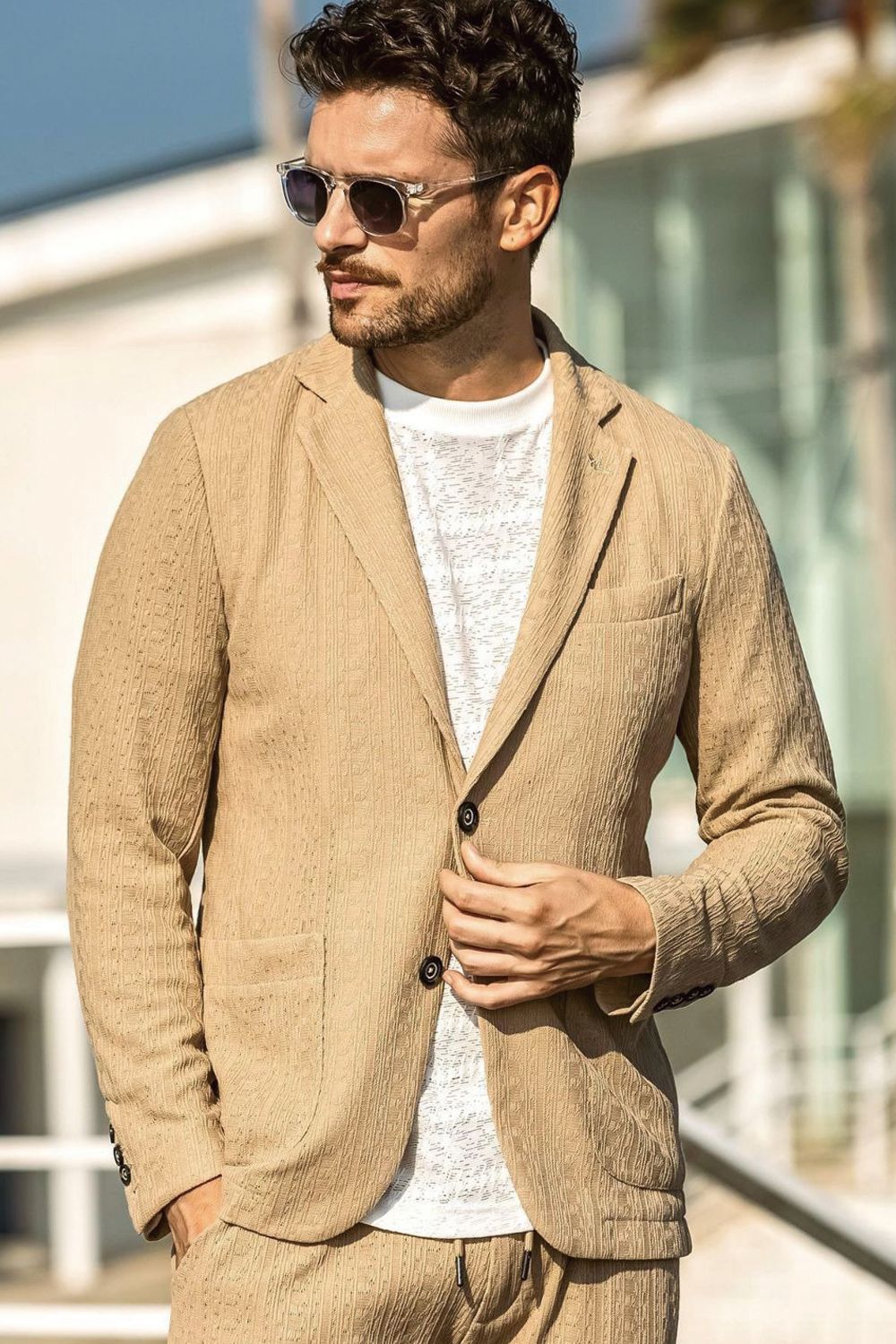 【26SS】【セットアップ】 LINEN TOUCH JACQUARD JACKET & SLACKS / リネンタッチ テーラードシングルジャケット&イージースラックス (ベージュ)