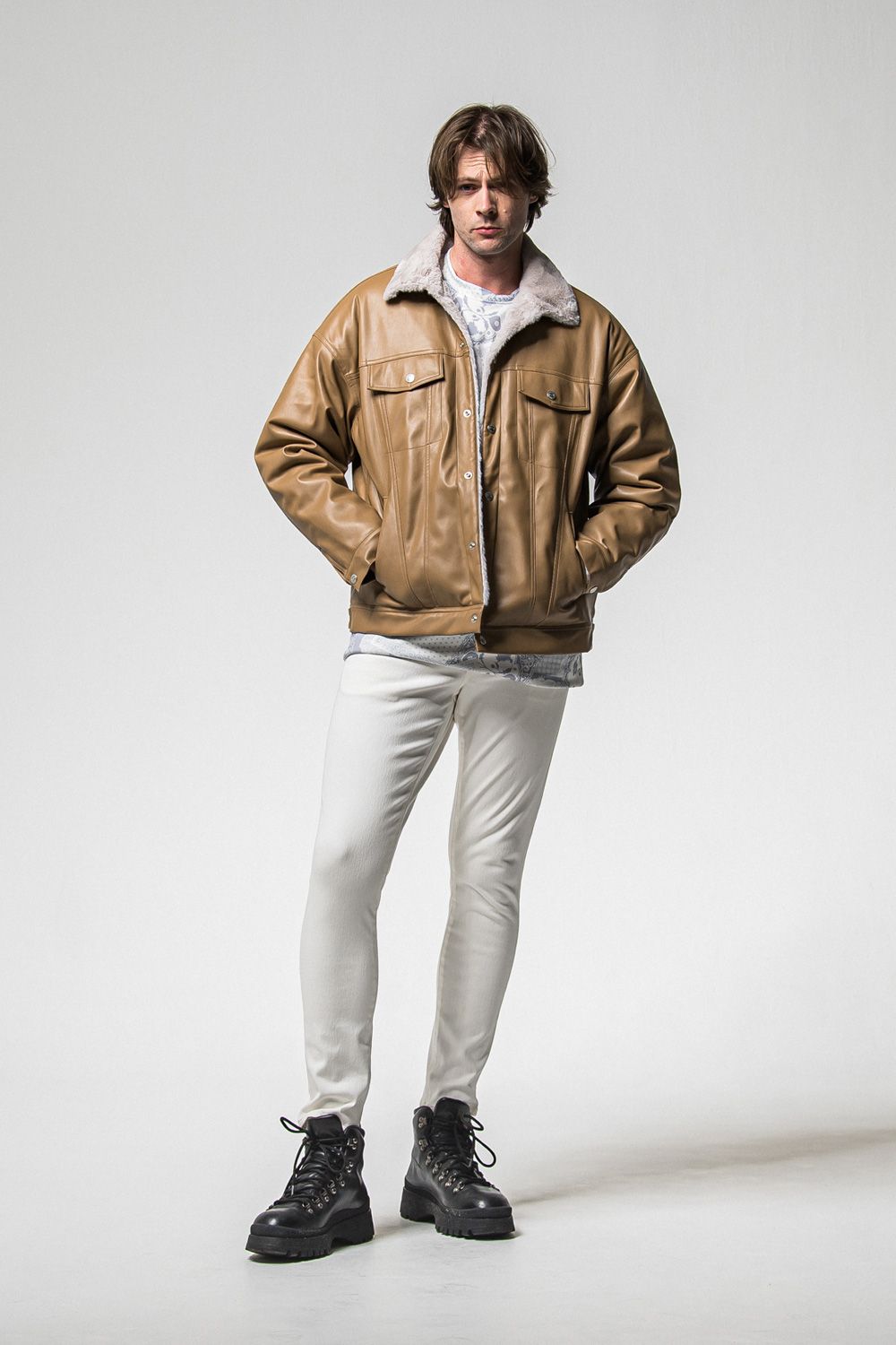 LEATHER FUR OVER  G /  エコレザー オーバーサイズ デニムジャケット (キャメル) (11月中旬入荷予定) ※オーダー締切：9月1日(月)18:00
