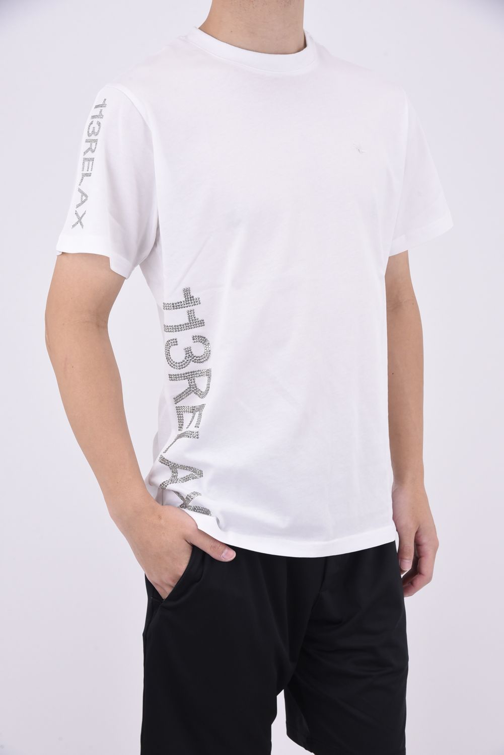 SIDE RHINESTONE T-SHIRT / サイドラインストーンロゴ クルーネックTシャツ ホワイト