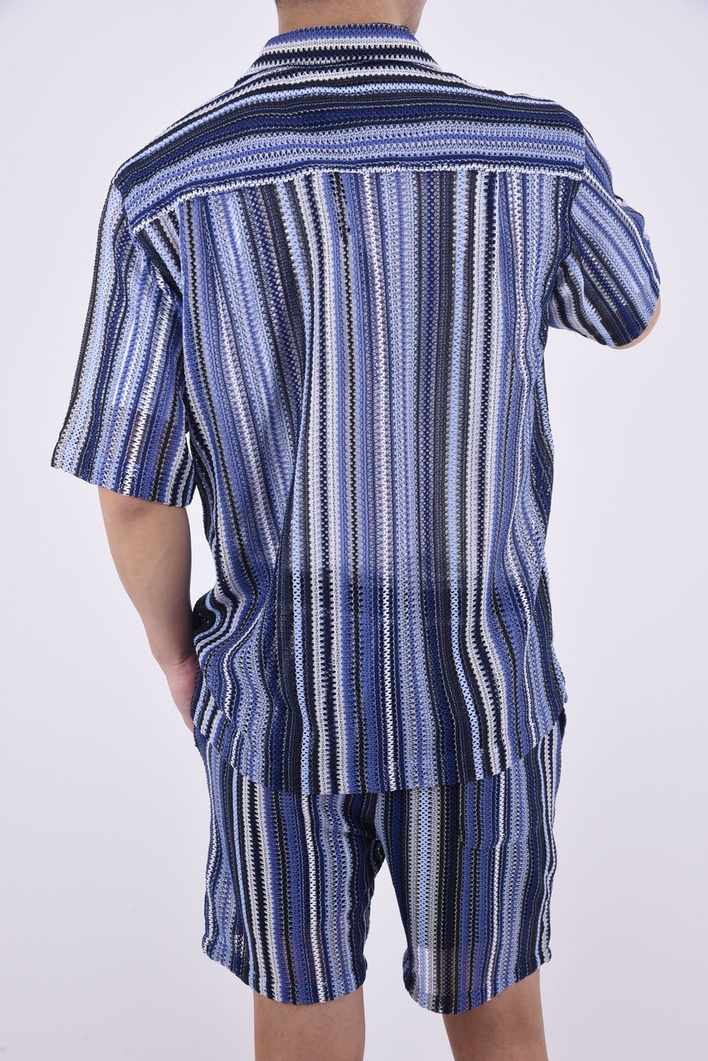 GAP KNIT STRIPED SHIRT / 透かし編み ストライプニット シャツ ブルー