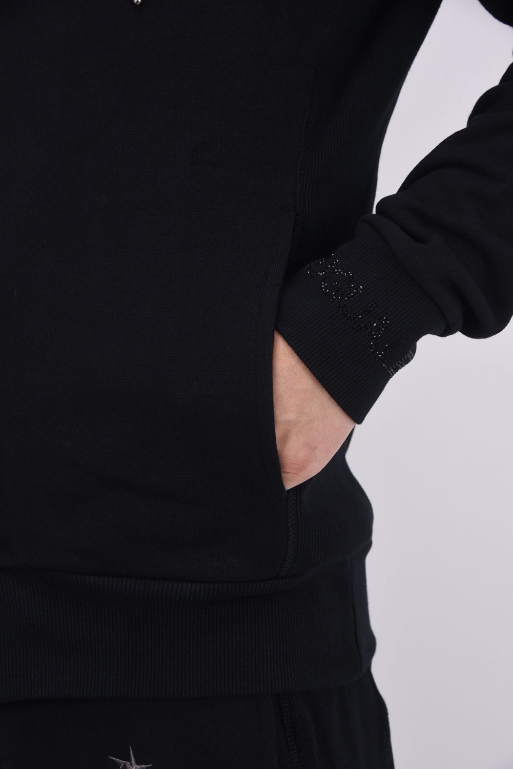 HOODIE WITH RHINESTONE CUFFS / ラインストーンカフスウェットジップパーカー (ブラック)