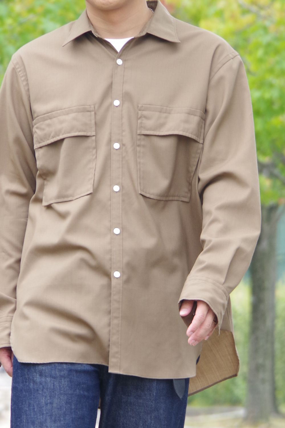 W POCKET SHIRT WOOL TROPICAL / ウォッシャブルウール ダブルポケットシャツ ベージュ
