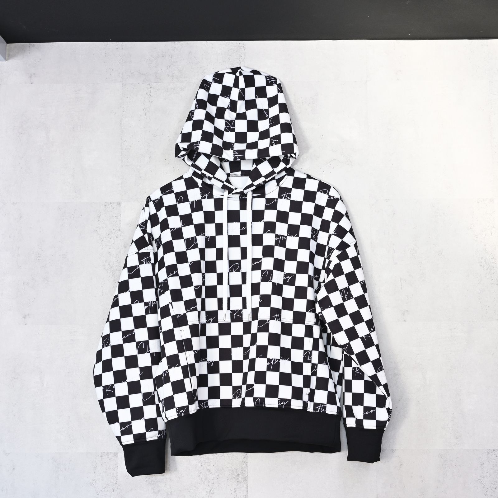 CHECKER BACK FLEECE HOODIE / チェッカーフラッグ 裏起毛フーディー (ホワイト/ブラック) (11月上旬入荷予定) ※オーダー締切:9月7日(月)17時