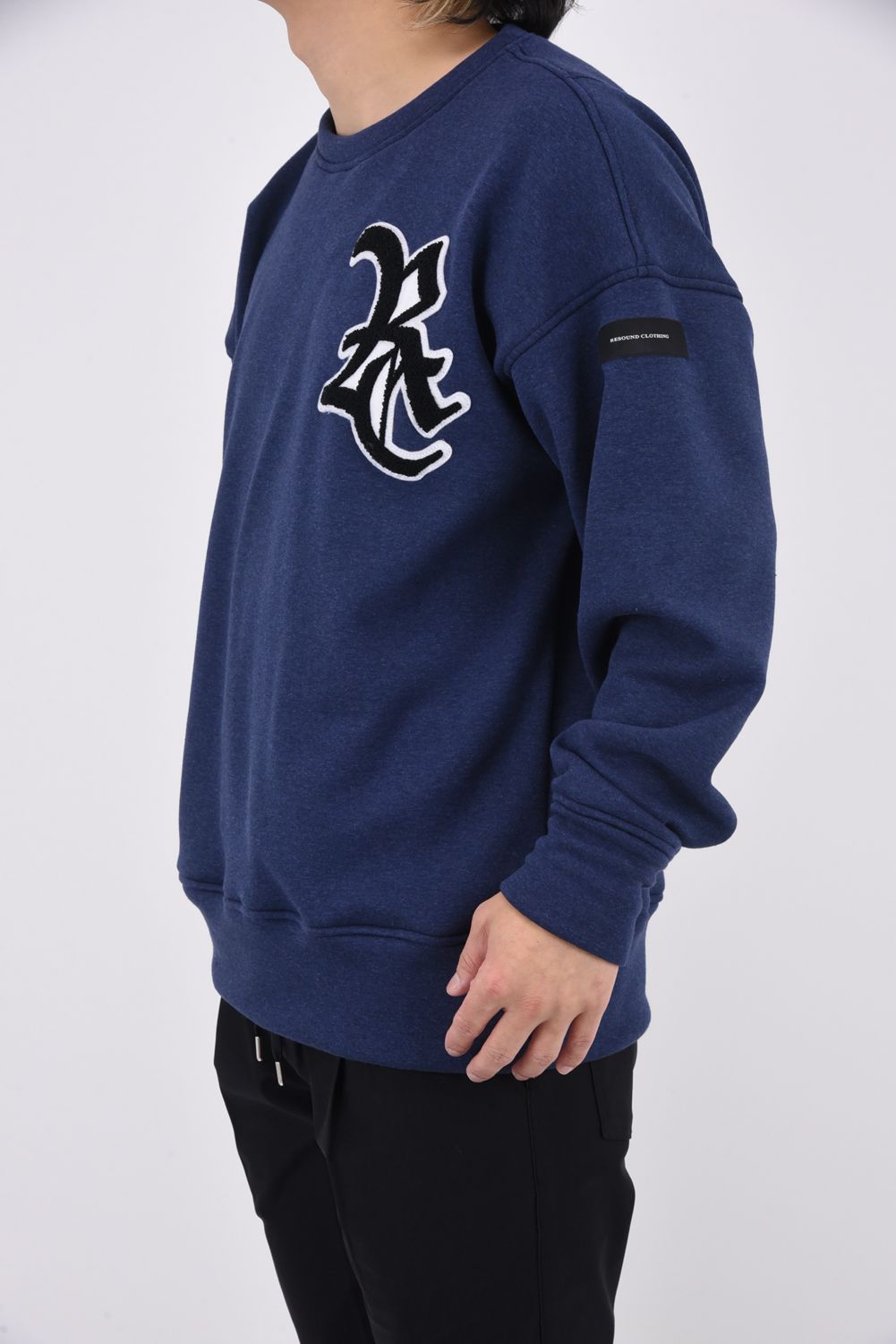RC CHENILE VELOURS FLEECE DORP TRAINER / サガラ刺繍ワッペン 裏起毛 ルーズトレーナー ネイビー