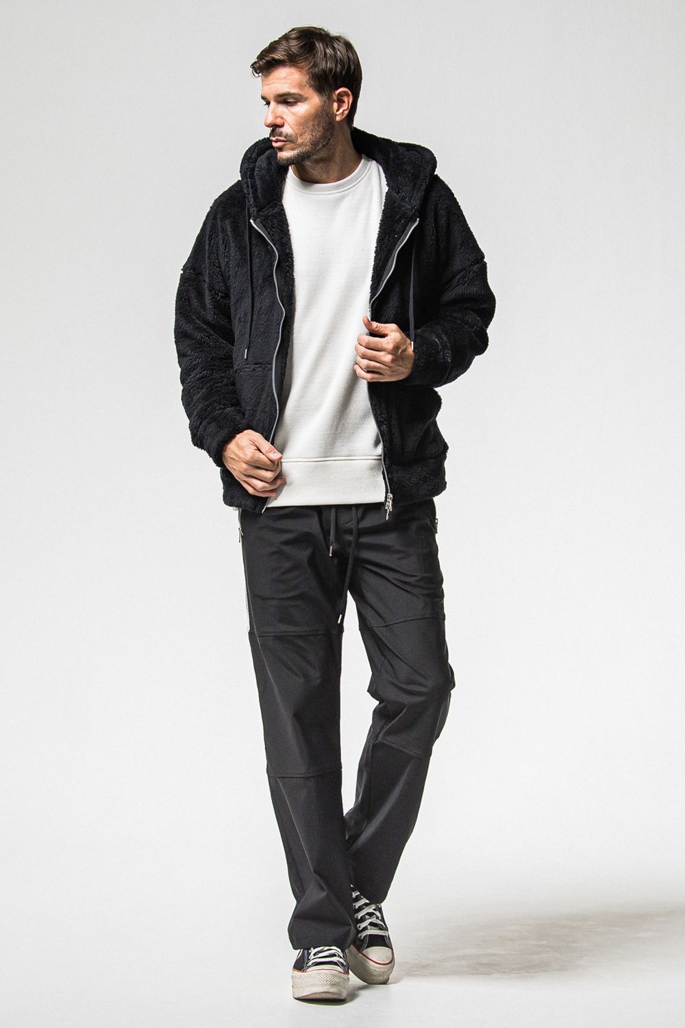 BOA ZIP LOOSE HOODIE / シルキーボア ジップアップ パーカー (ブラック) （11月中旬入荷予定) ※オーダー締切：9月1日(月)18:00