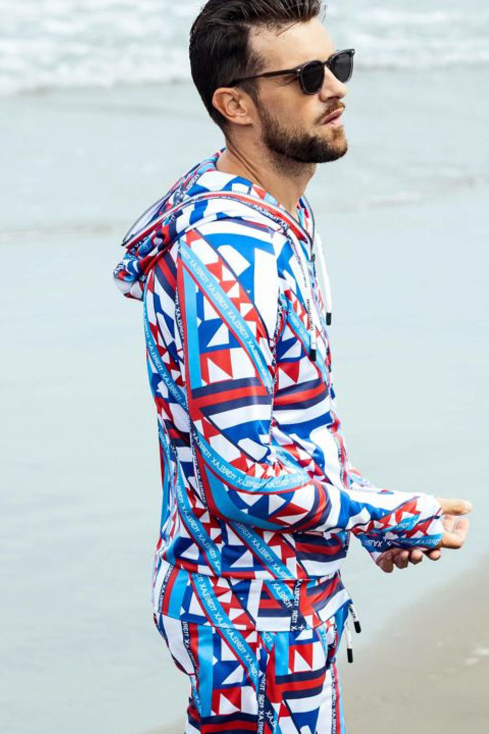 GEOMETRIC HOODIE / ジオメトリック柄 ラッシュガードパーカー レッド×ホワイト
