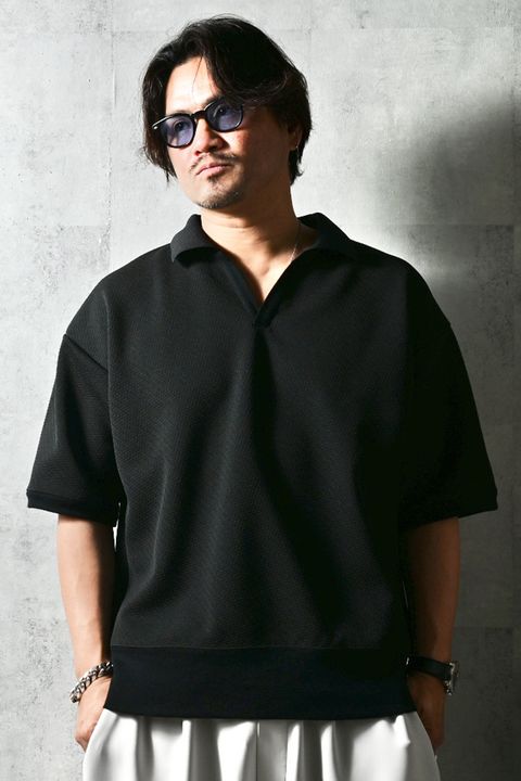 BLISTER POLO / ブリスタージャカード オーバーサイズ スキッパーポロシャツ (ブラック)