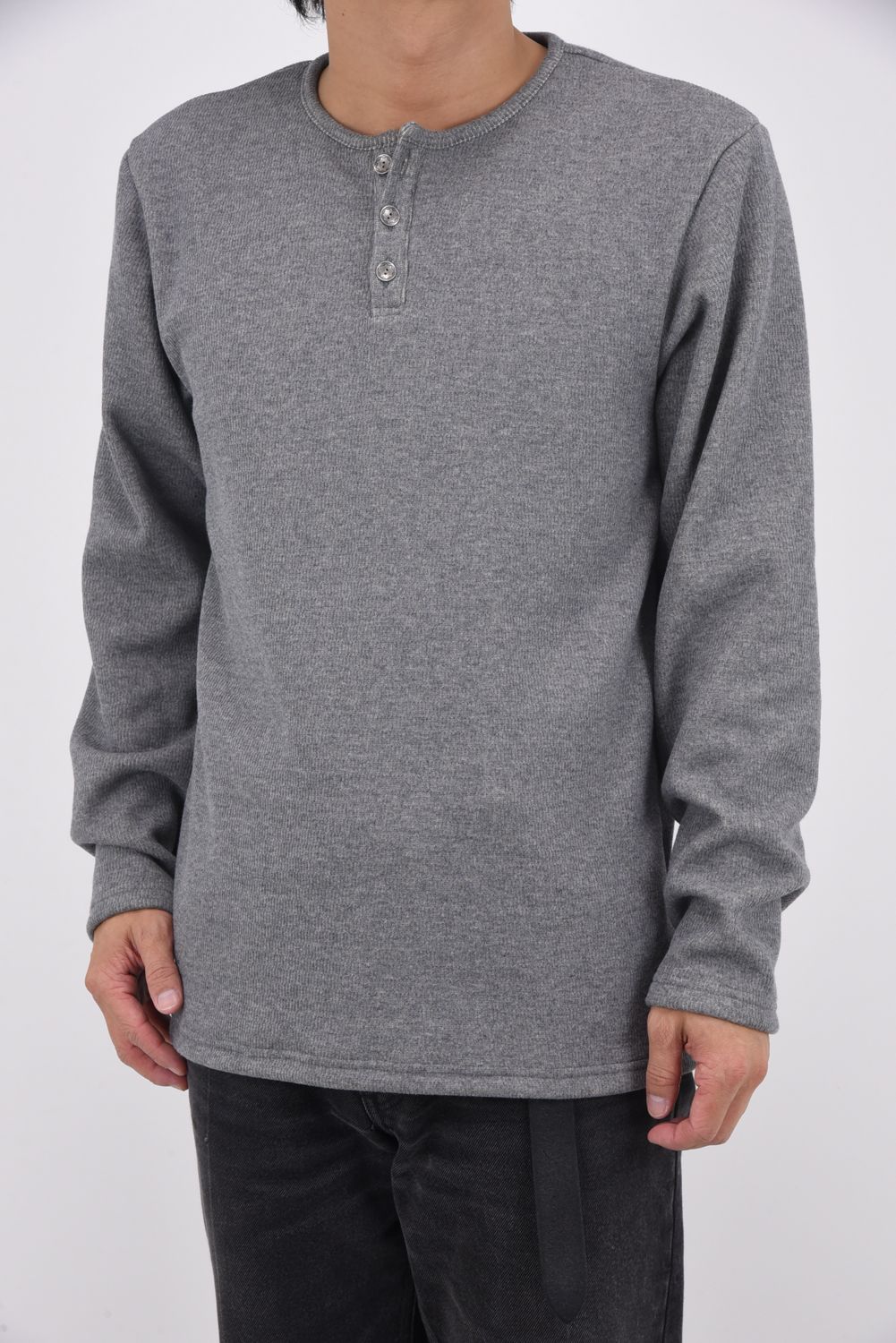 VELOURS FLEECE THERMAL HENRY / 裏起毛 サーマル生地 ロングスリーブ ヘンリーネック (グレー)