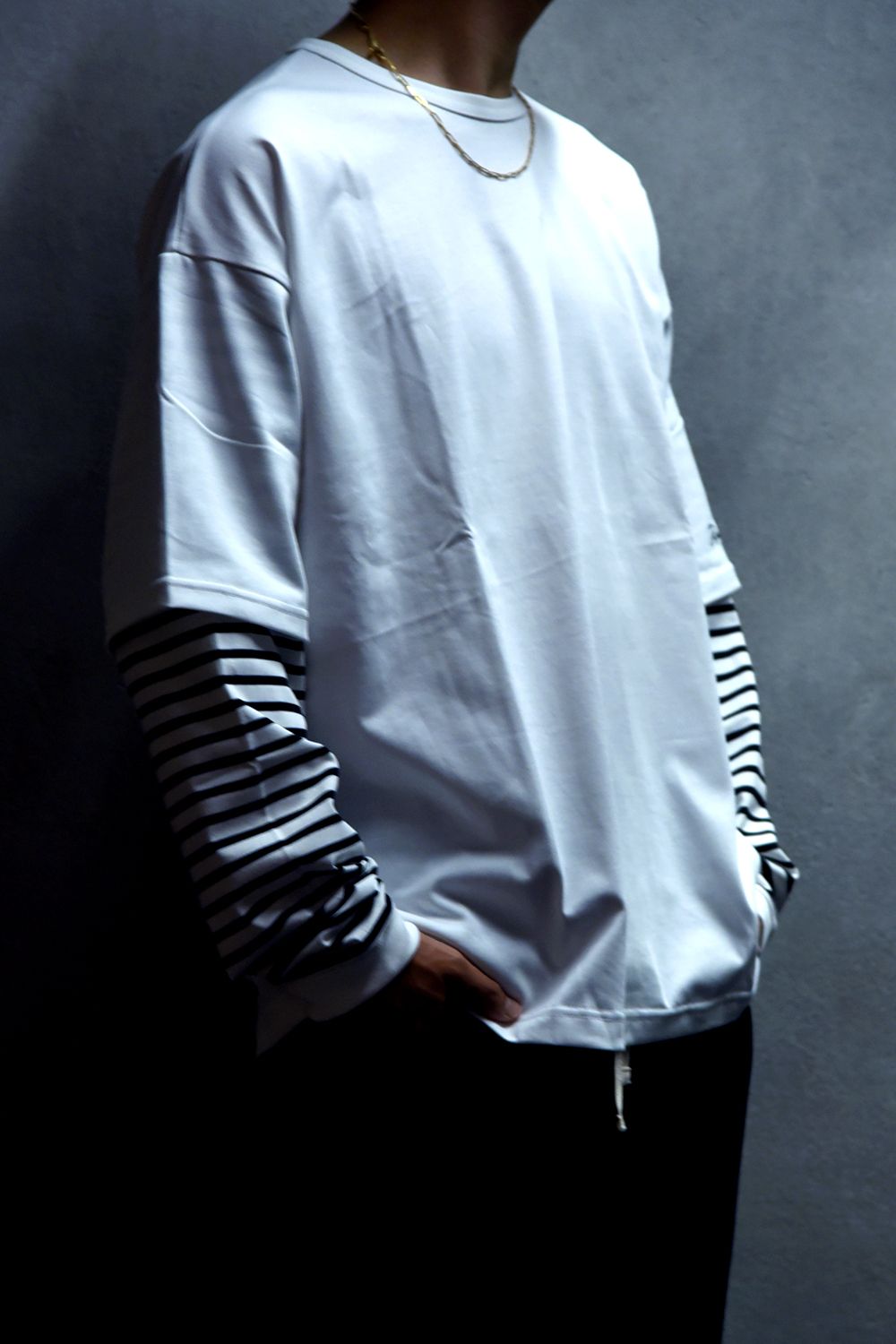 FAKE LAYERED LONGSLEEVE / ロングスリーブフェイクレイヤードTシャツ ホワイトボーダー