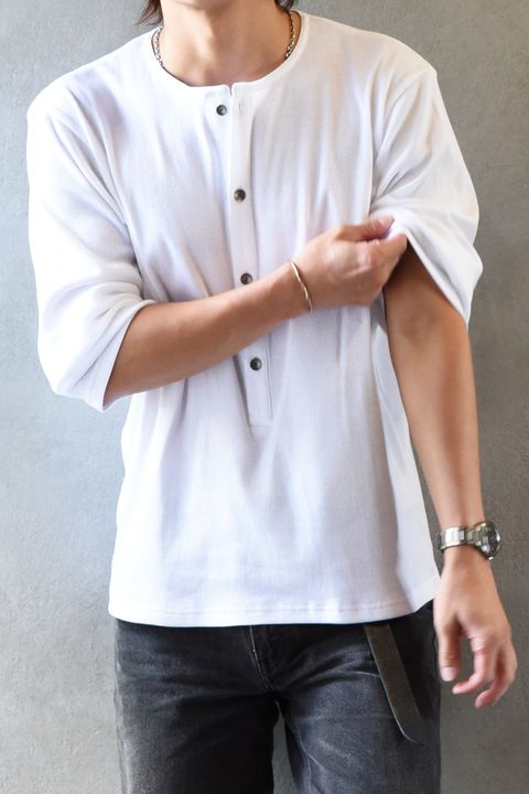 RIB HENRY LONGSLEAVE / ヘンリーネック リブニットロングスリーブTシャツ (ホワイト)