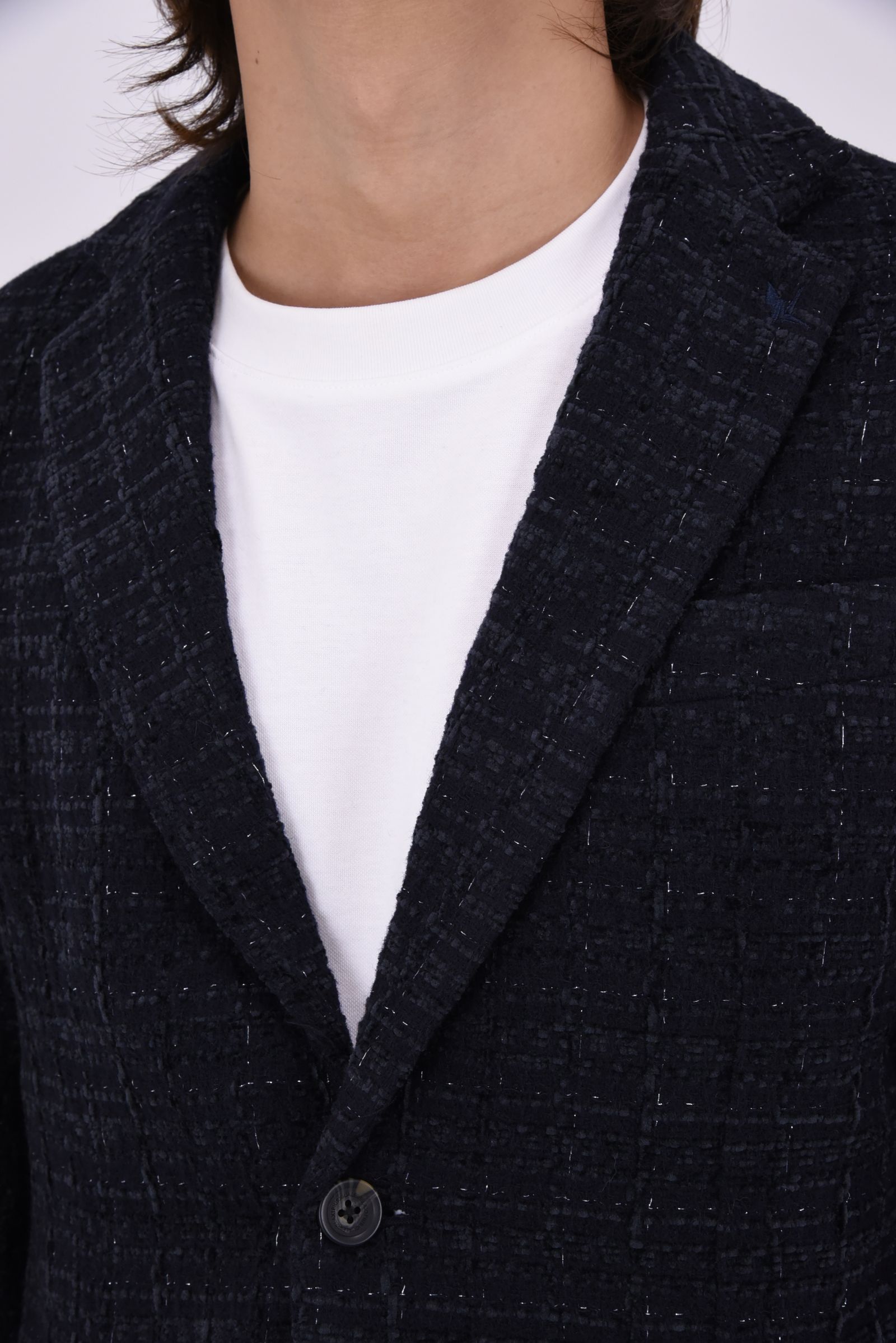 【26AW】【セットアップ】 LAME SQUARE JACQUARD JACKET & SLACKS / ファンシーツイード テーラードシングルジャケット&イージースラックス (ネイビー)