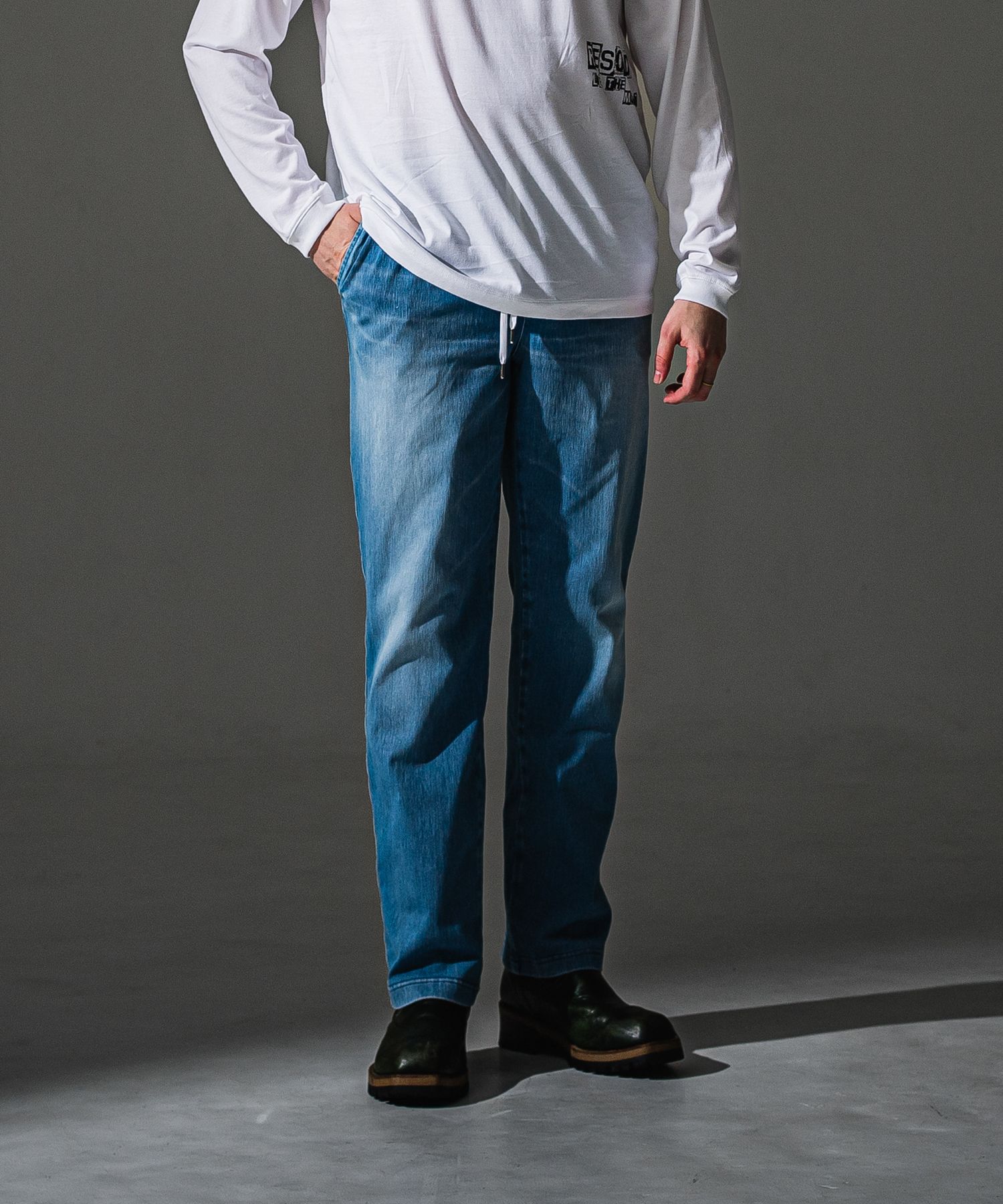 DENIM JERSEY WIDE PT / ジャージデニム セミワイド ワンタック スラックス型イージーパンツ (ライトインディゴ)（8月中旬入荷予定）※オーダー締切:5月23日(土)17時