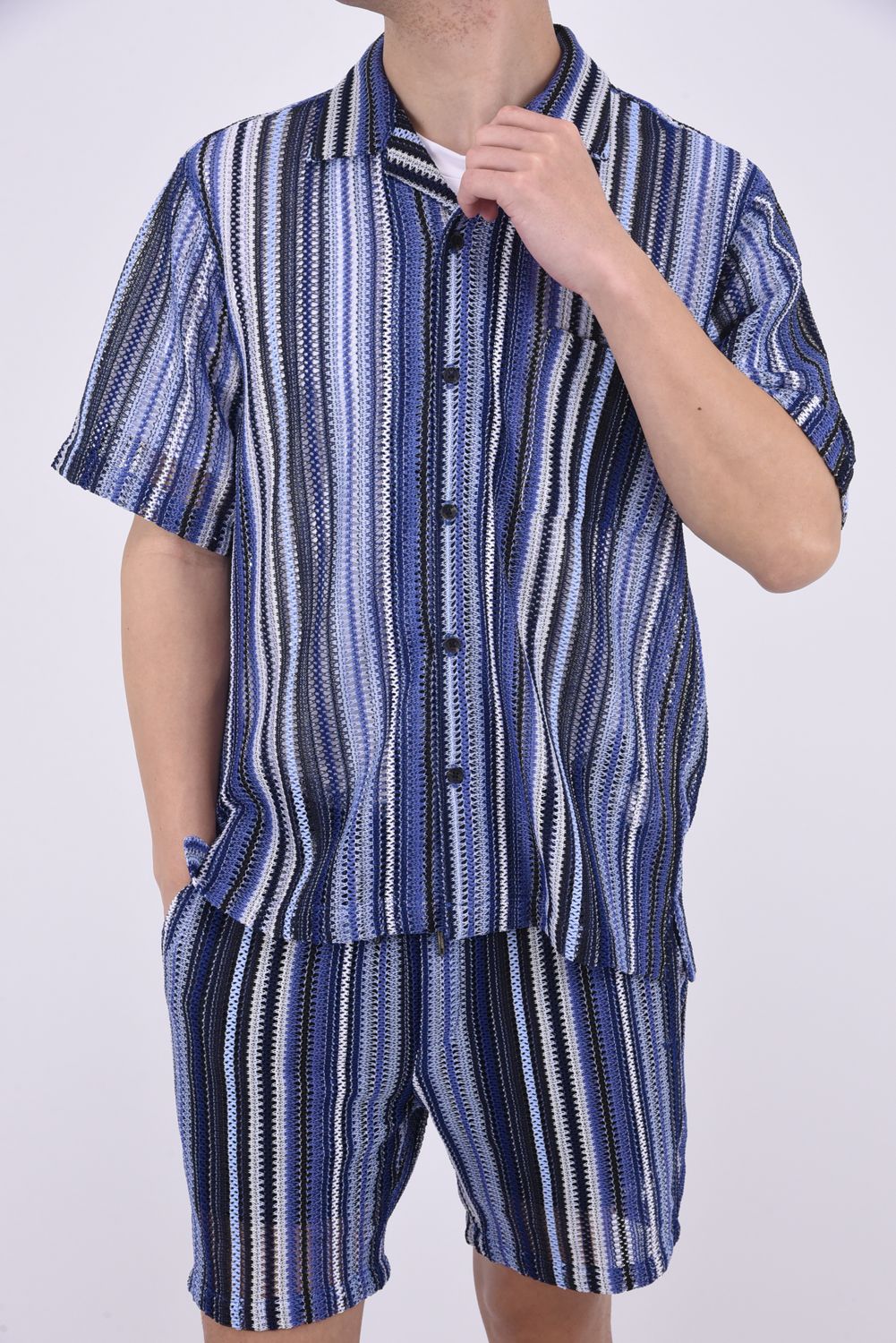 GAP KNIT STRIPED SHIRT / 透かし編み ストライプニット シャツ ブルー