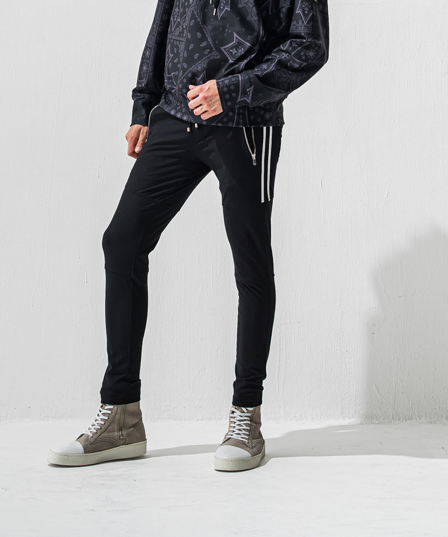 JOHNSON LINE HEAT PT / 【定番商品】 裏ボアフリース ハイブリットジャージー ラインパンツ (ブラック/ホワイト) (10月下旬入荷予定) ※オーダー締切:9月7日(月)17時