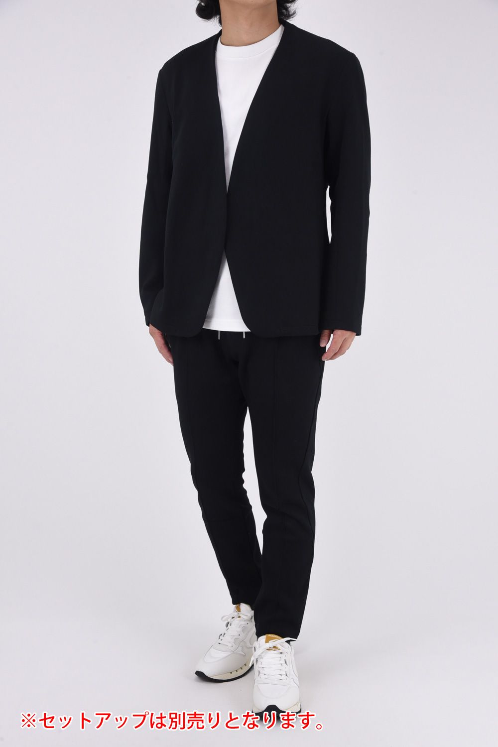 COLLARLESS CUT AND SEW JACKET / ノーカラー 鹿の子 ニットジャケット (ブラック)