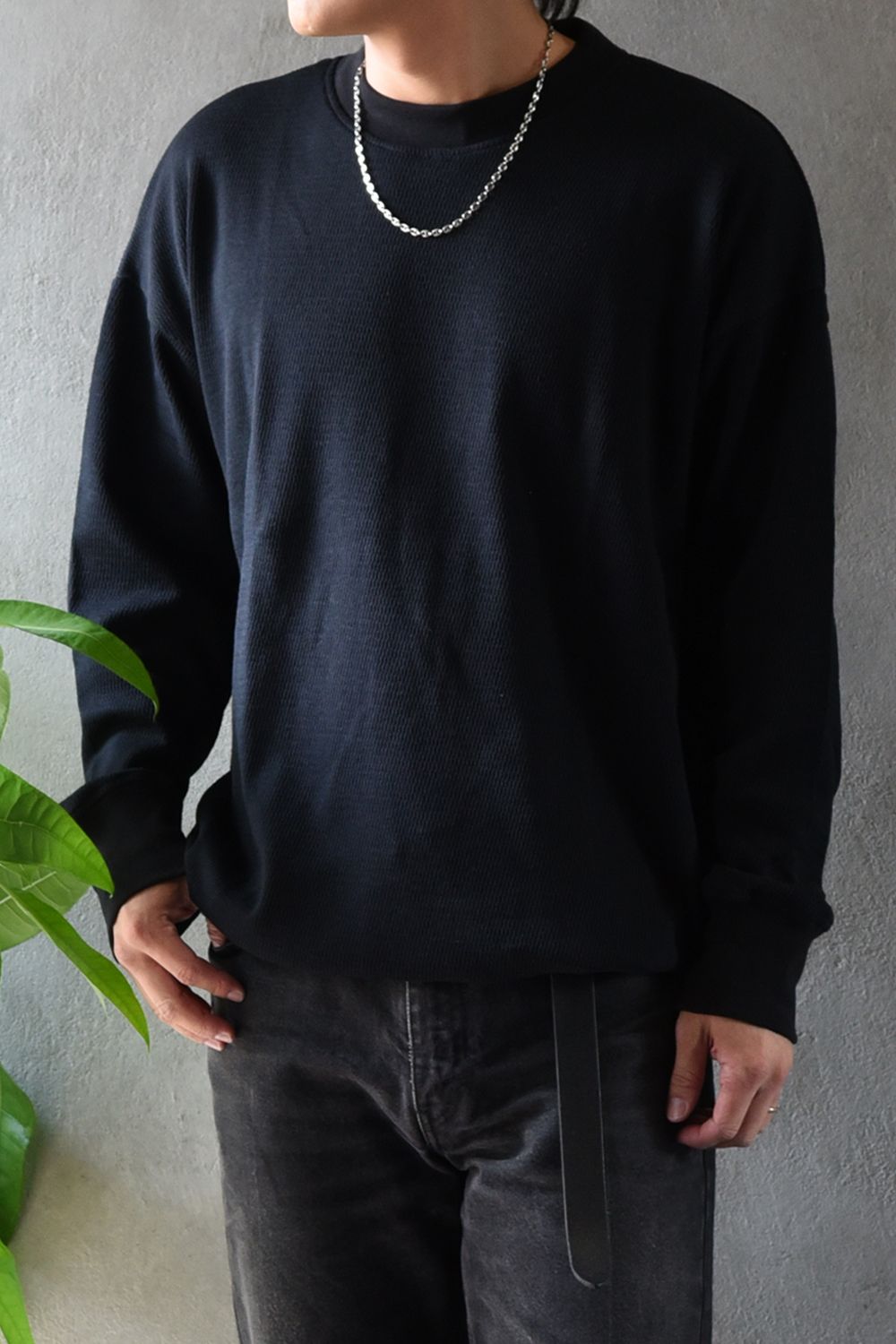 【gossip 20th別注アイテム】 DRAWSTRING THERMAL LOOSE CUTSEW / ドローストリング 特注サーマル ロングスリーブTシャツ  (ブラック)