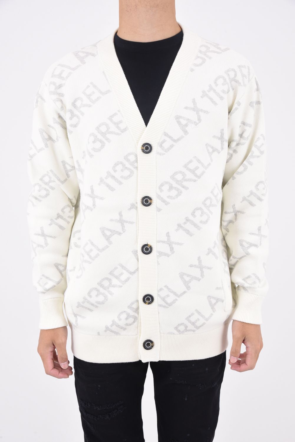 DIAGONAL LOGO CARDIGAN / 総柄ロゴ ニットカーディガン ホワイト