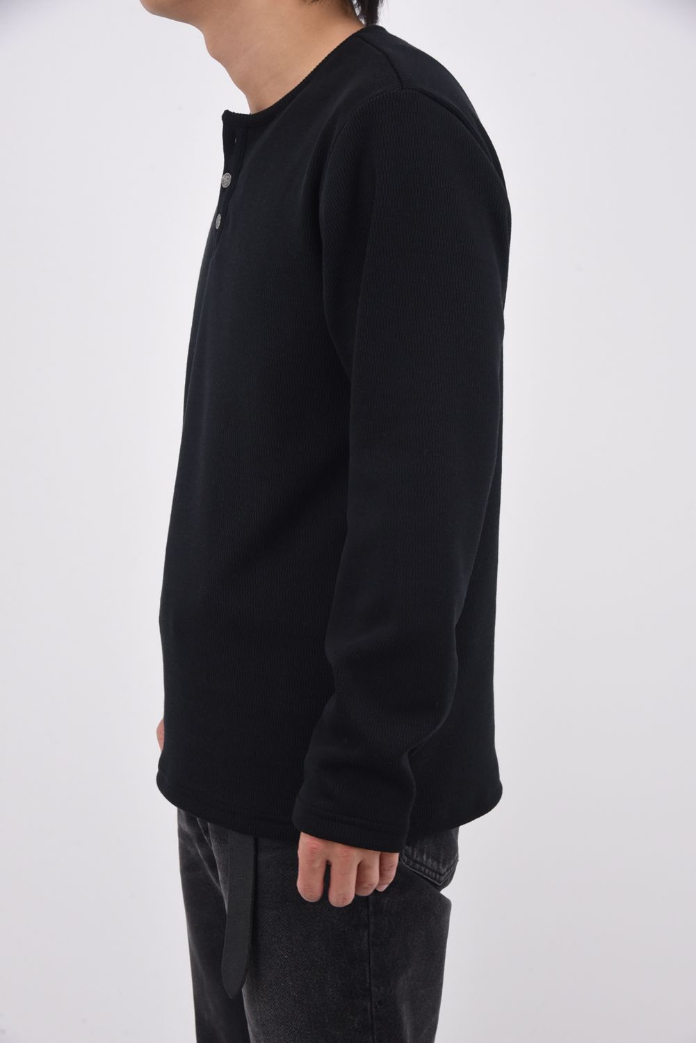 VELOURS FLEECE THERMAL HENRY / 裏起毛 サーマル生地 ロングスリーブ ヘンリーネック (ブラック)