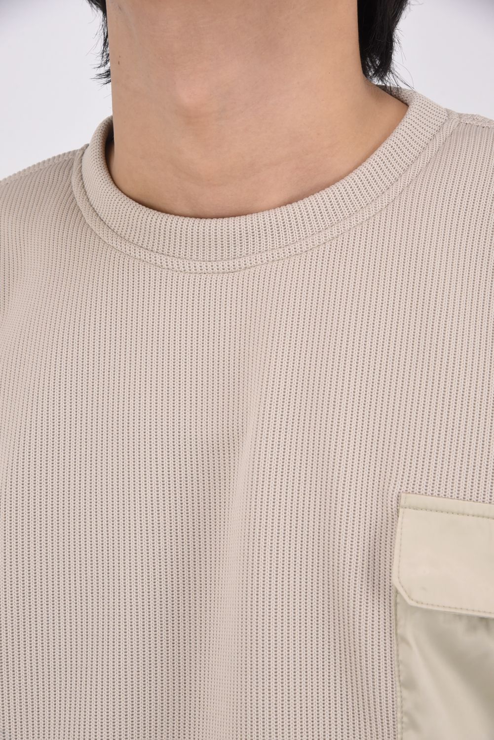 【26SS 39th】 AZE MILITARY DROP TRAINER / 畦編みニット フラップポケット スウェット (グレージュ)