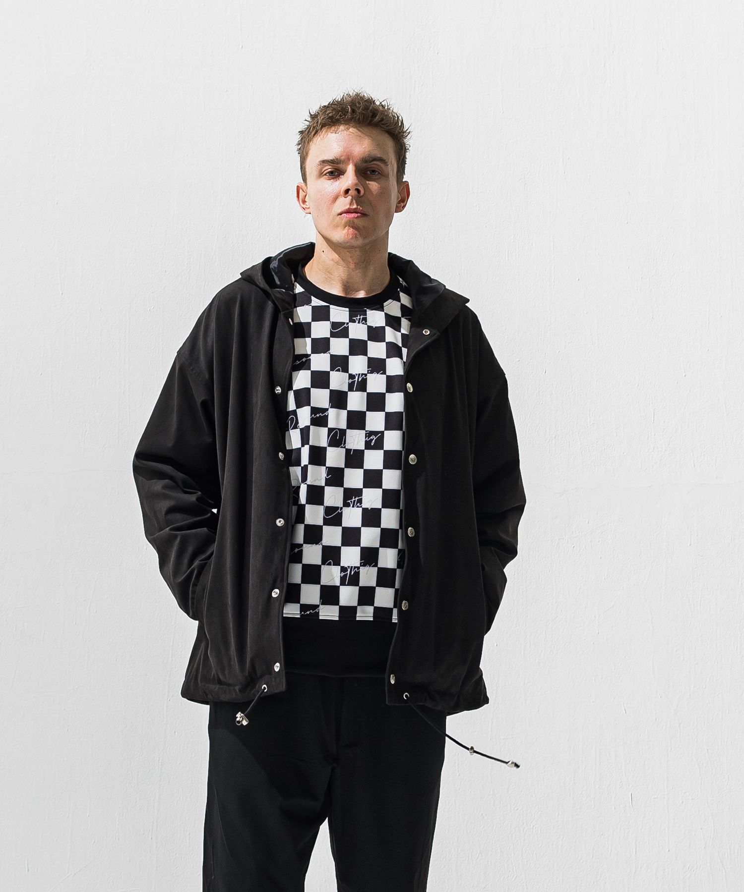 CHECKER BACK FLEECE TRAINER / チェッカーフラッグ 裏起毛トレーナー (ホワイト/ブラック) (11月上旬入荷予定) ※オーダー締切:9月7日(月)17時