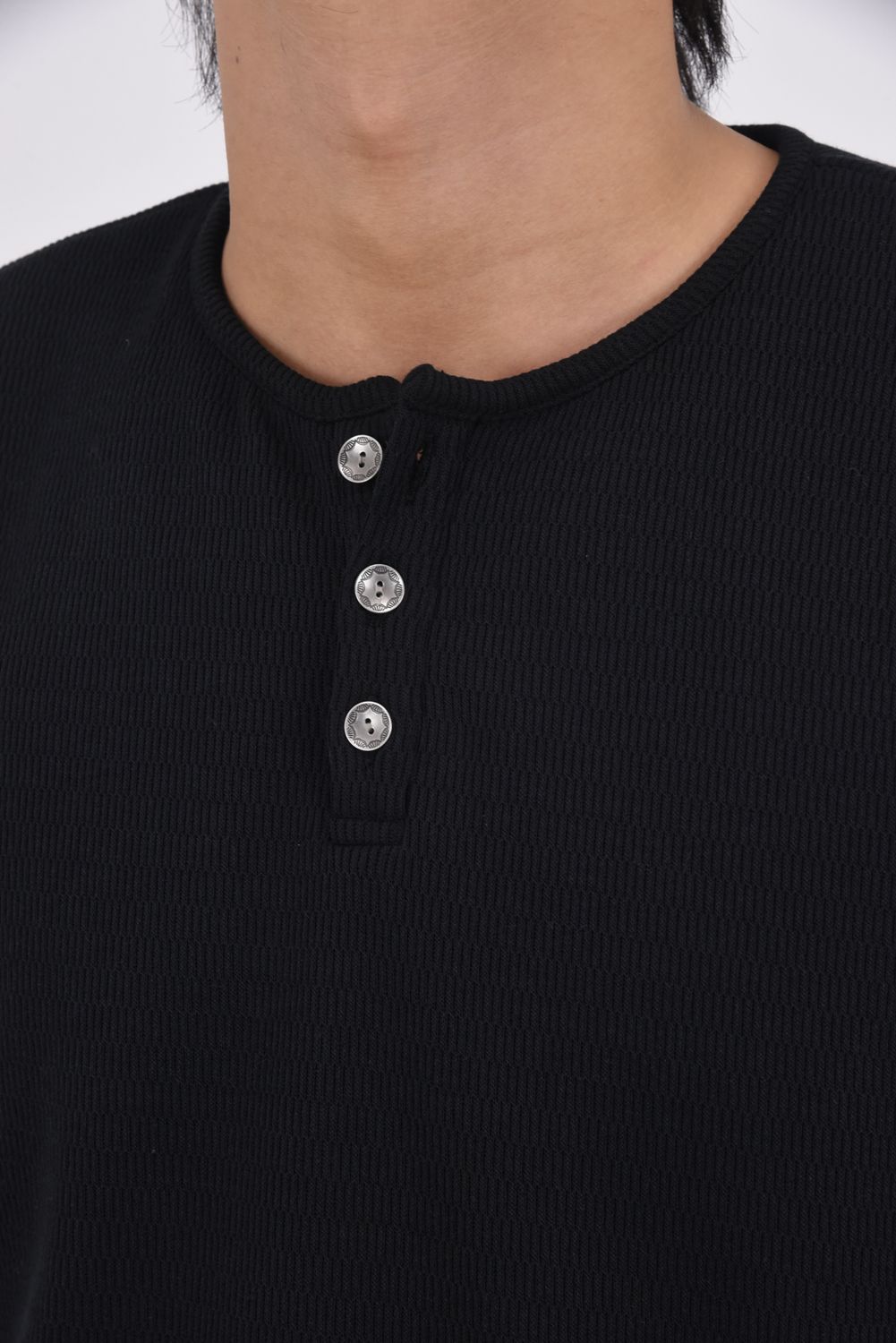 VELOURS FLEECE THERMAL HENRY / 裏起毛 サーマル生地 ロングスリーブ ヘンリーネック (ブラック)