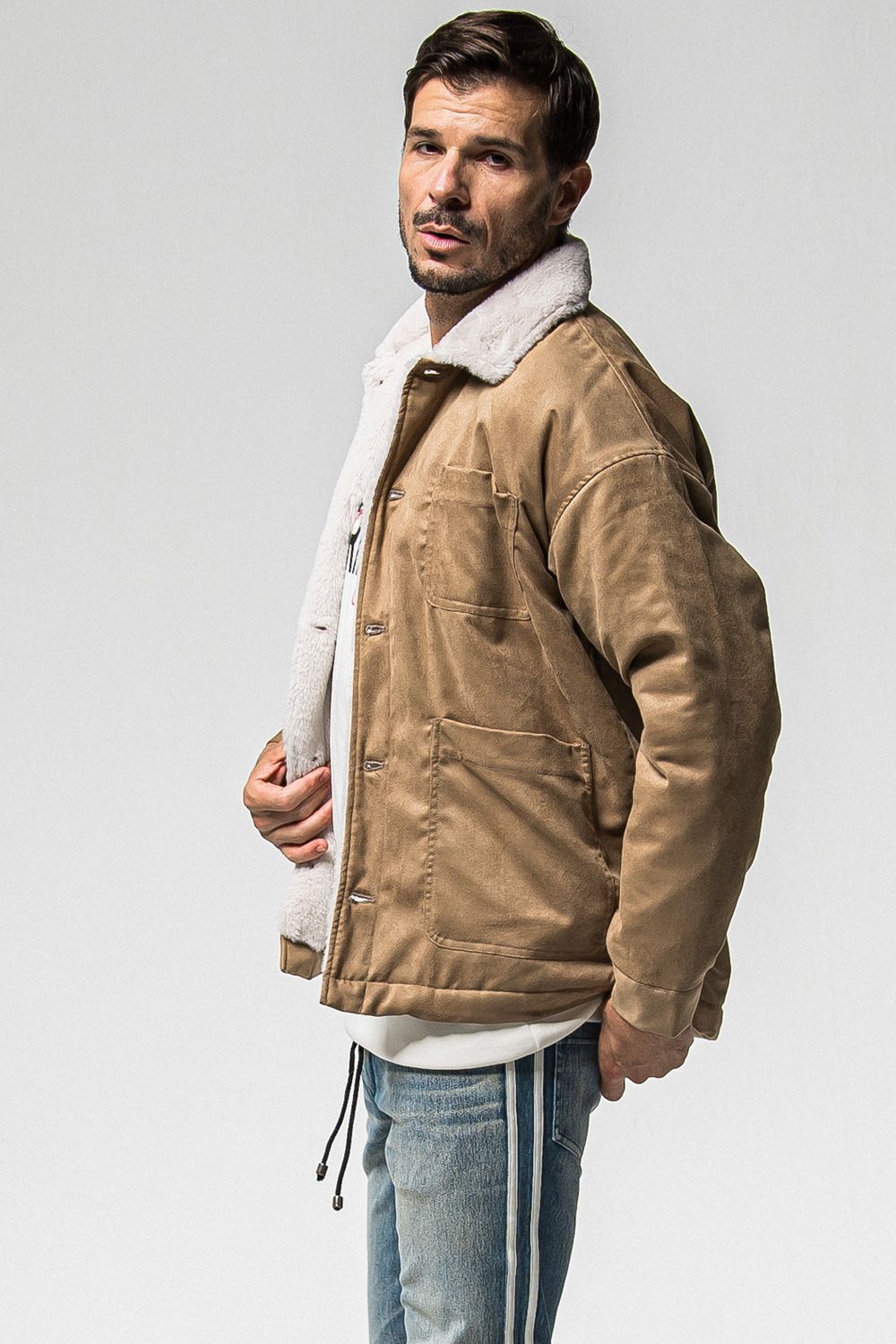 SUEDE FUR CAVER ALL /  エコ スウェード ファーカバーオールジャケット (ブラウン) (11月中旬入荷予定) ※オーダー締切：9月1日(月)18:00