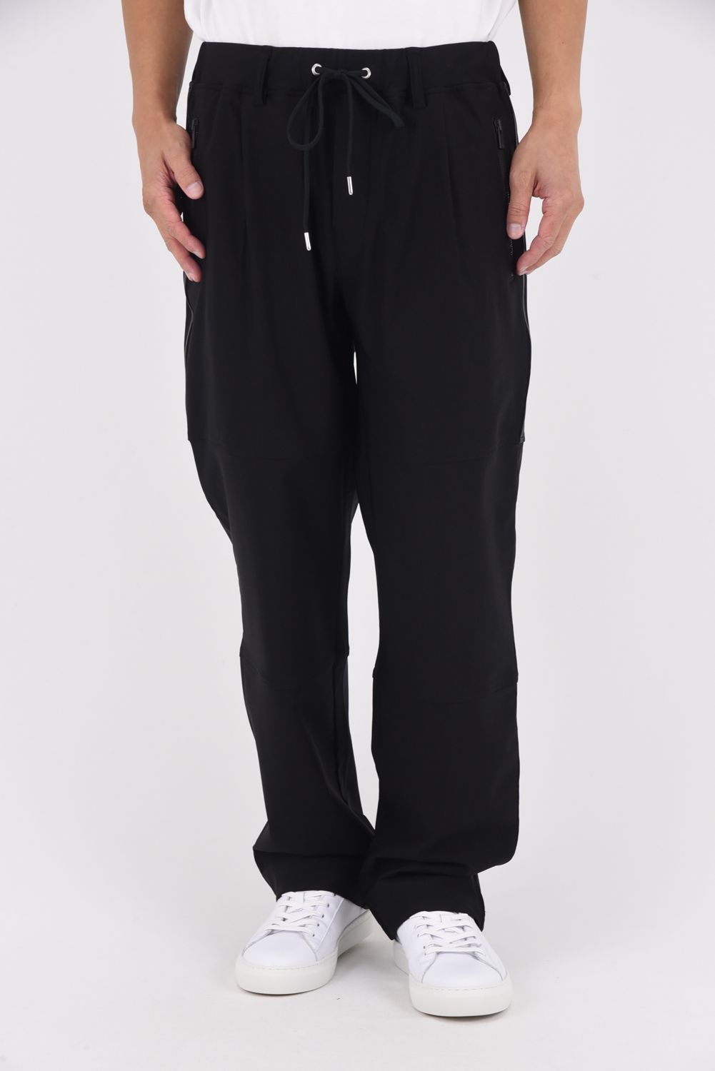 JOHNSON LINE WIDE HEAT PT / 裏起毛 ハイブリットジャージー ワイドテーパード ラインパンツ (ブラック/ブラック)