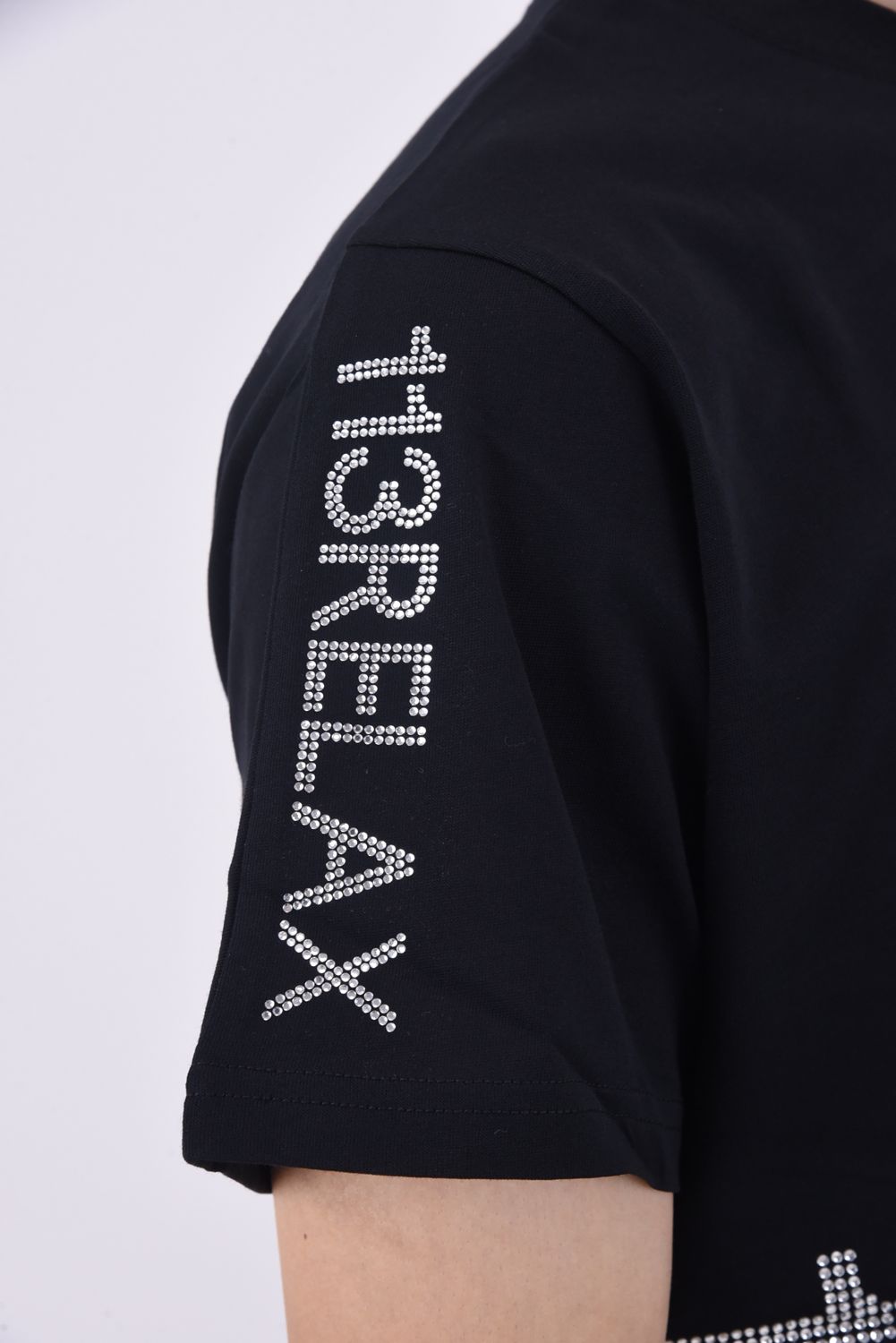 SIDE RHINESTONE T-SHIRT / サイドラインストーンロゴ クルーネックTシャツ ブラック