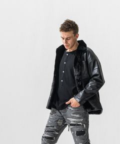 LEATHER FUR CAVER ALL / エコレザー オーバーサイズ カーバーオールジャケット (ブラック) (11月中旬入荷予定) ※オーダー締切:9月7日(月)17時
