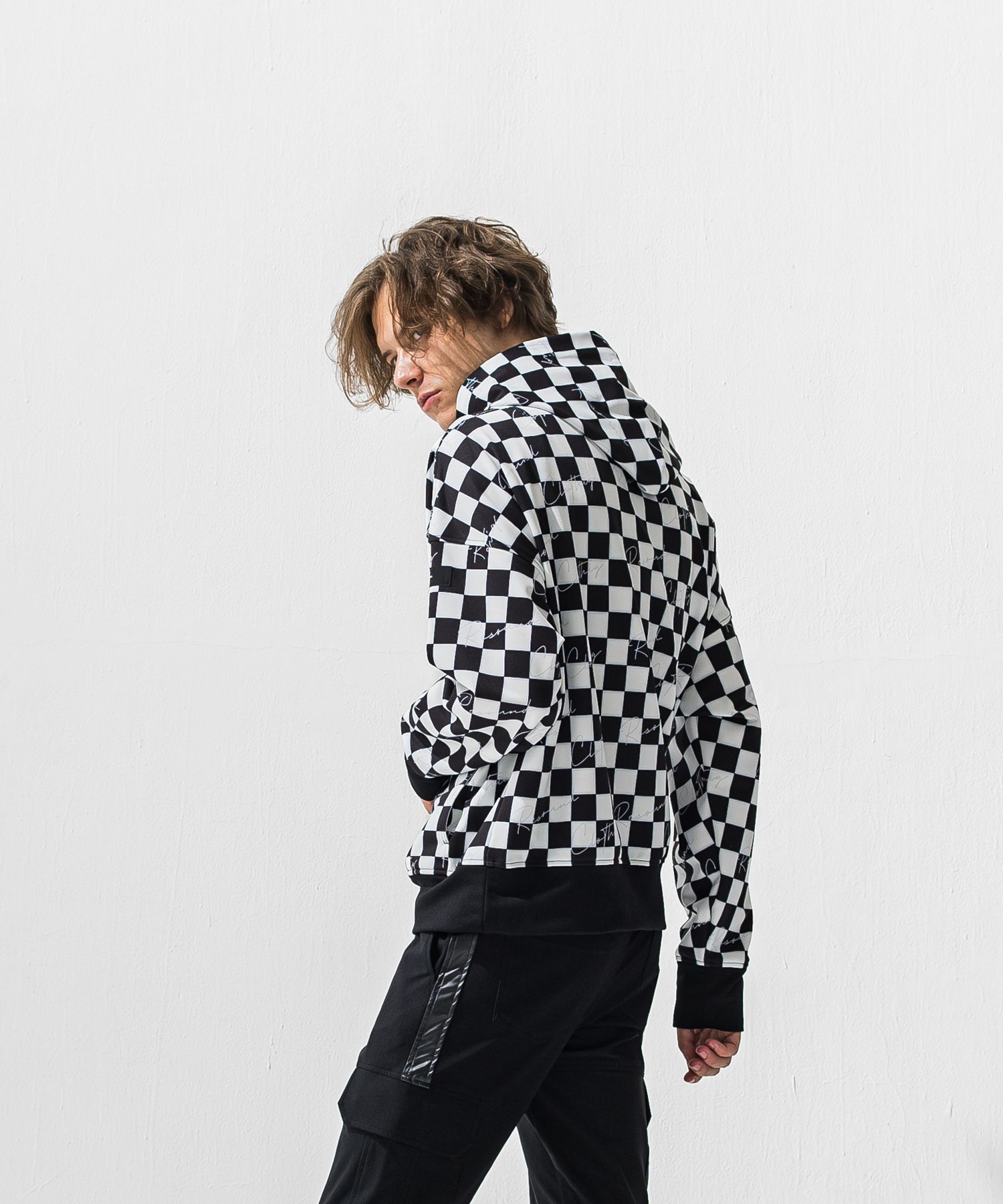 CHECKER BACK FLEECE HOODIE / チェッカーフラッグ 裏起毛フーディー (ホワイト/ブラック) (11月上旬入荷予定) ※オーダー締切:9月7日(月)17時