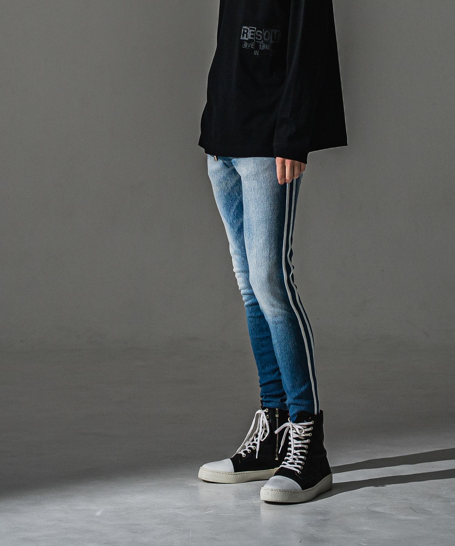 EX DENIM JERSEY BLINDLINE PT / デニムジャージー ラインパンツ (ライトインディゴ)（9月上旬入荷予定）