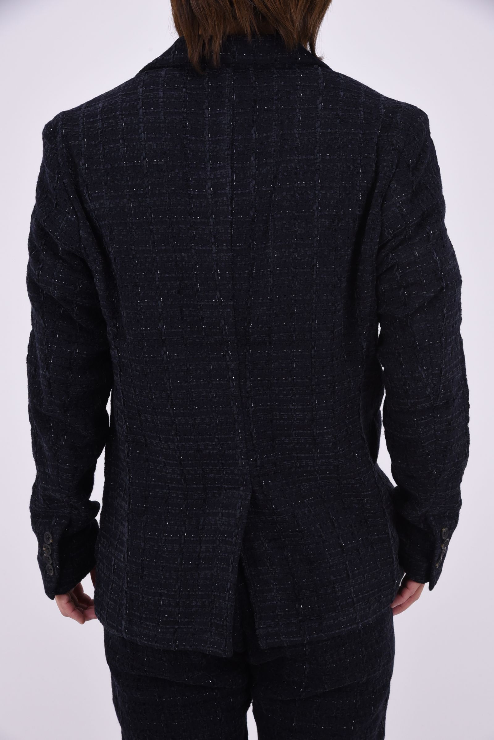 【26AW】【セットアップ】 LAME SQUARE JACQUARD JACKET & SLACKS / ファンシーツイード テーラードシングルジャケット&イージースラックス (ネイビー)