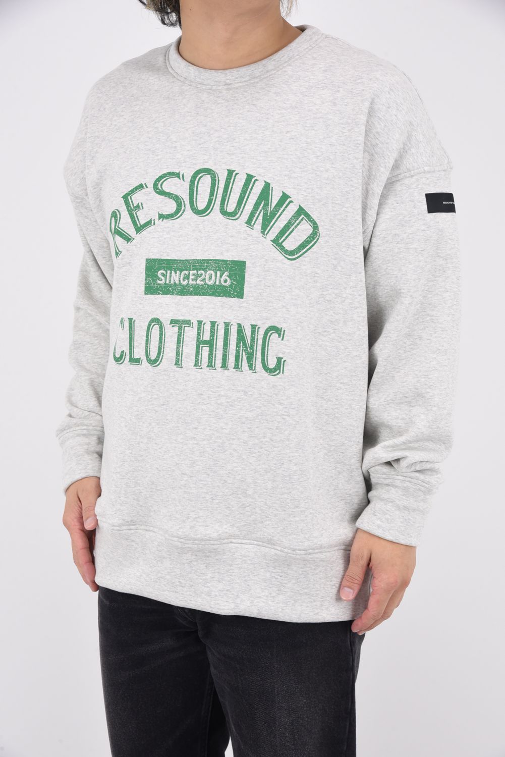 COLLEGE VELOURS FLEECE DORP TRAINER / カレッジロゴ 裏起毛 ルーズトレーナー グレーグリーン