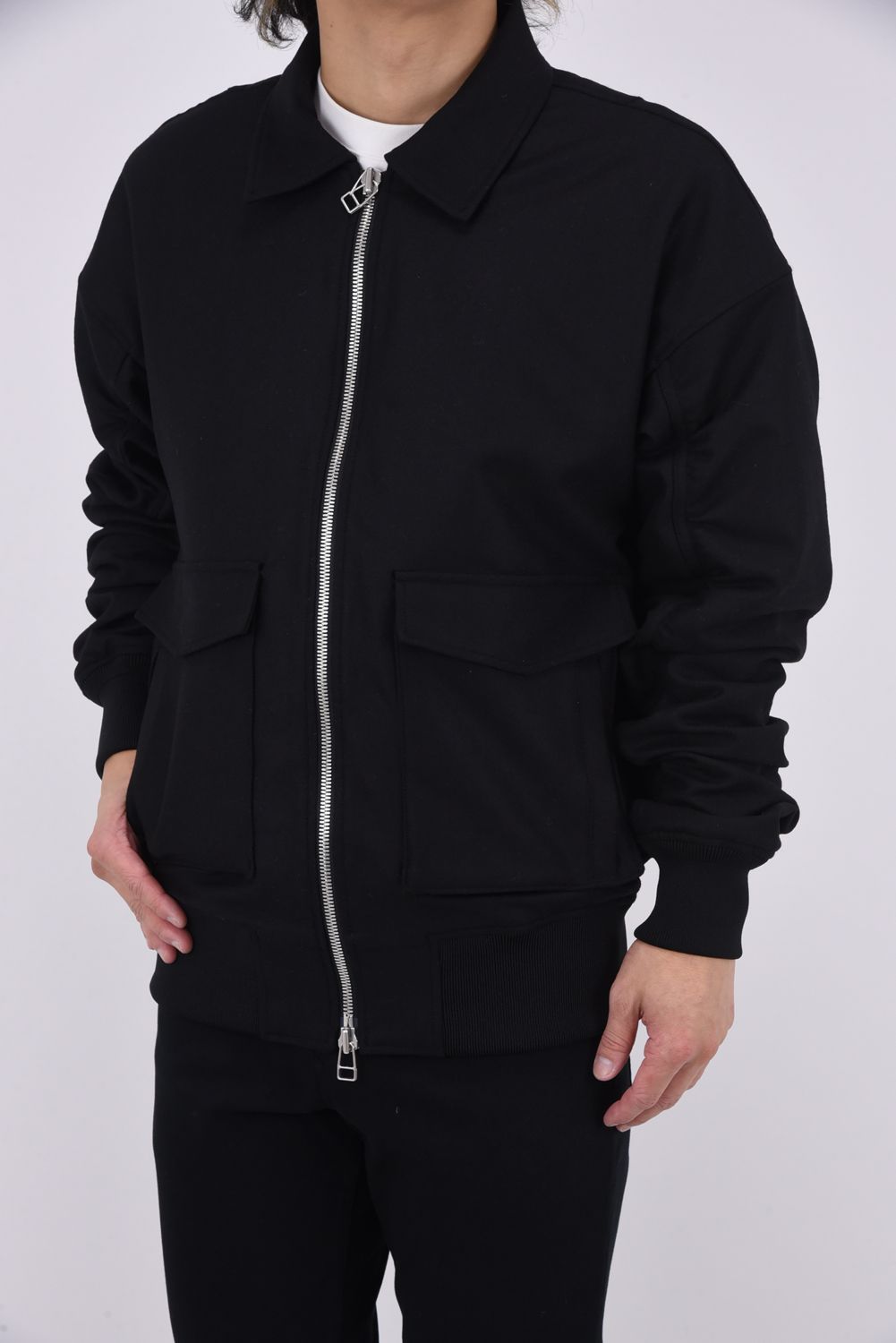 AG WOOL FLIGHT JK / カシミヤ混 ストレッチツイル フラップサイドポケット ミリタリージャケット （ブラック）