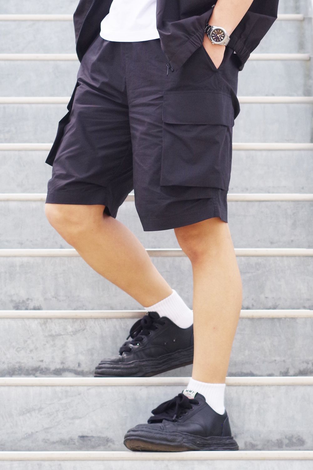 Cargo Silk Short Pants / シルク混 ワイドシルエット カーゴ ショートパンツ (ブラック)