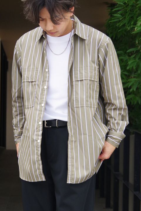 W POCKET SHIRT CP STRIPES / コットン / ポリエステル ダブルポケットシャツ カーキ