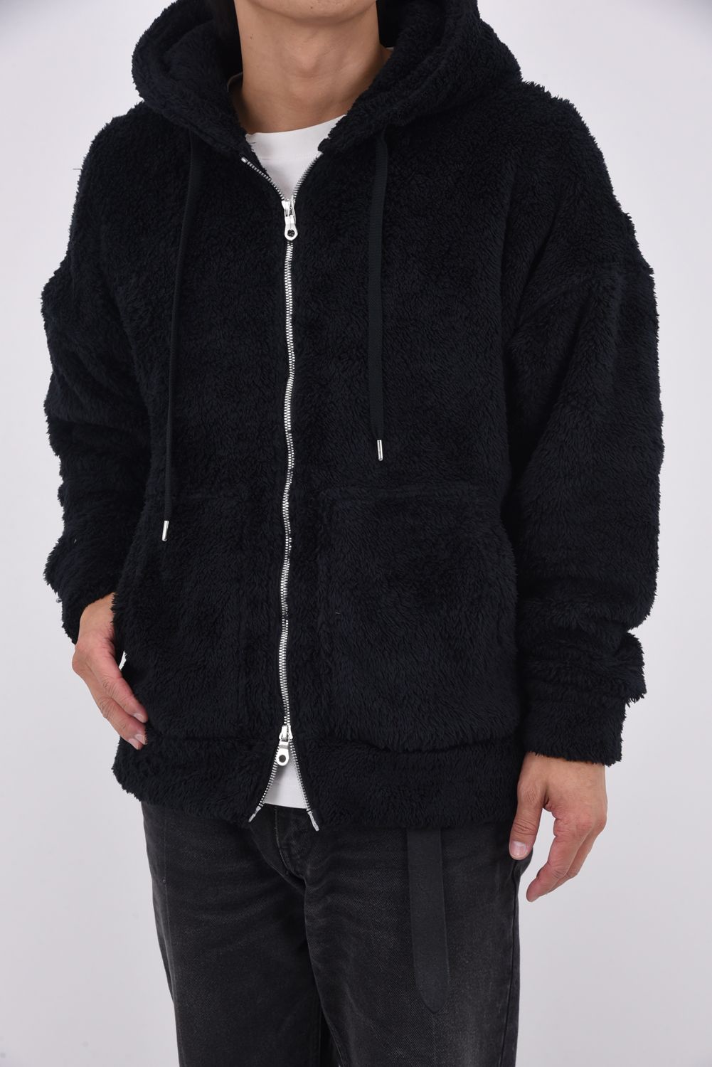 BOA ZIP LOOSE HOODIE / シルキーボア ジップアップ パーカー (ブラック)