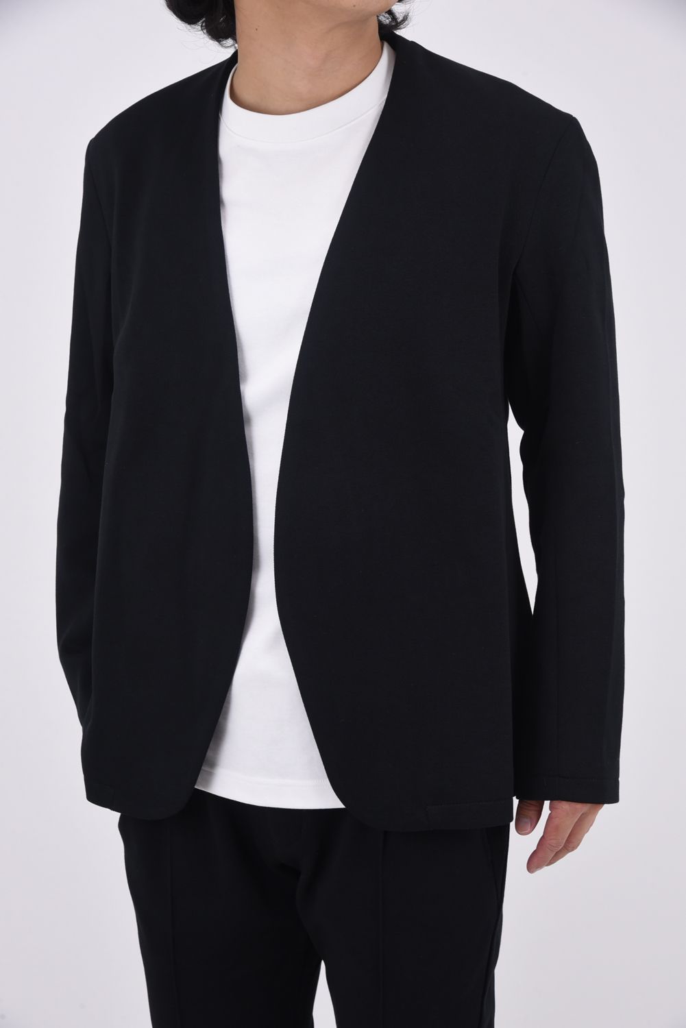 COLLARLESS CUT AND SEW JACKET / ノーカラー 鹿の子 ニットジャケット (ブラック)