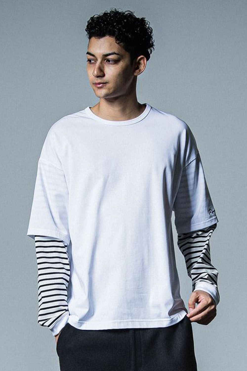 FAKE LAYERED LONGSLEEVE / ロングスリーブフェイクレイヤードTシャツ ホワイトボーダー