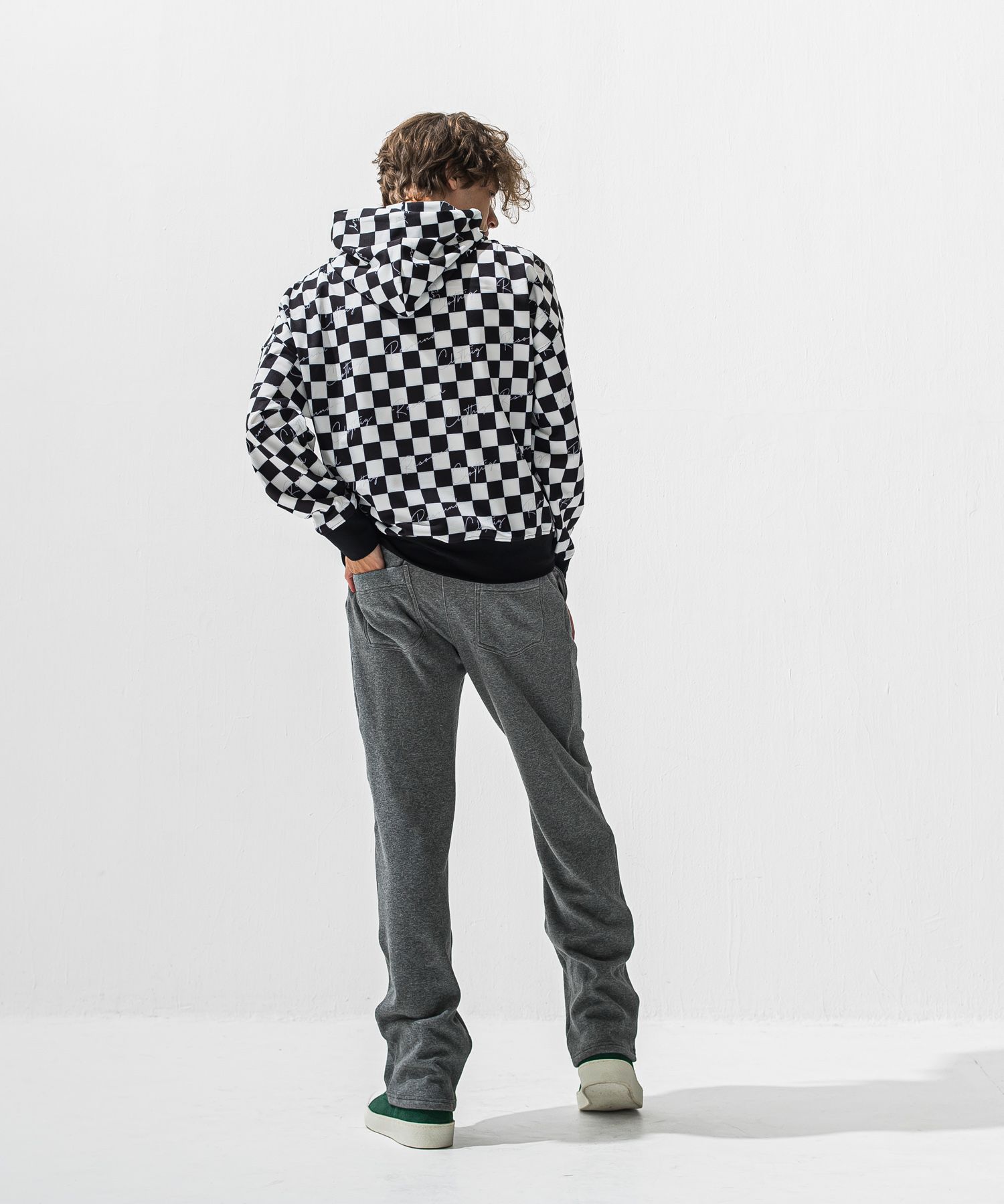 CHECKER BACK FLEECE HOODIE / チェッカーフラッグ 裏起毛フーディー (ホワイト/ブラック) (11月上旬入荷予定) ※オーダー締切:9月7日(月)17時