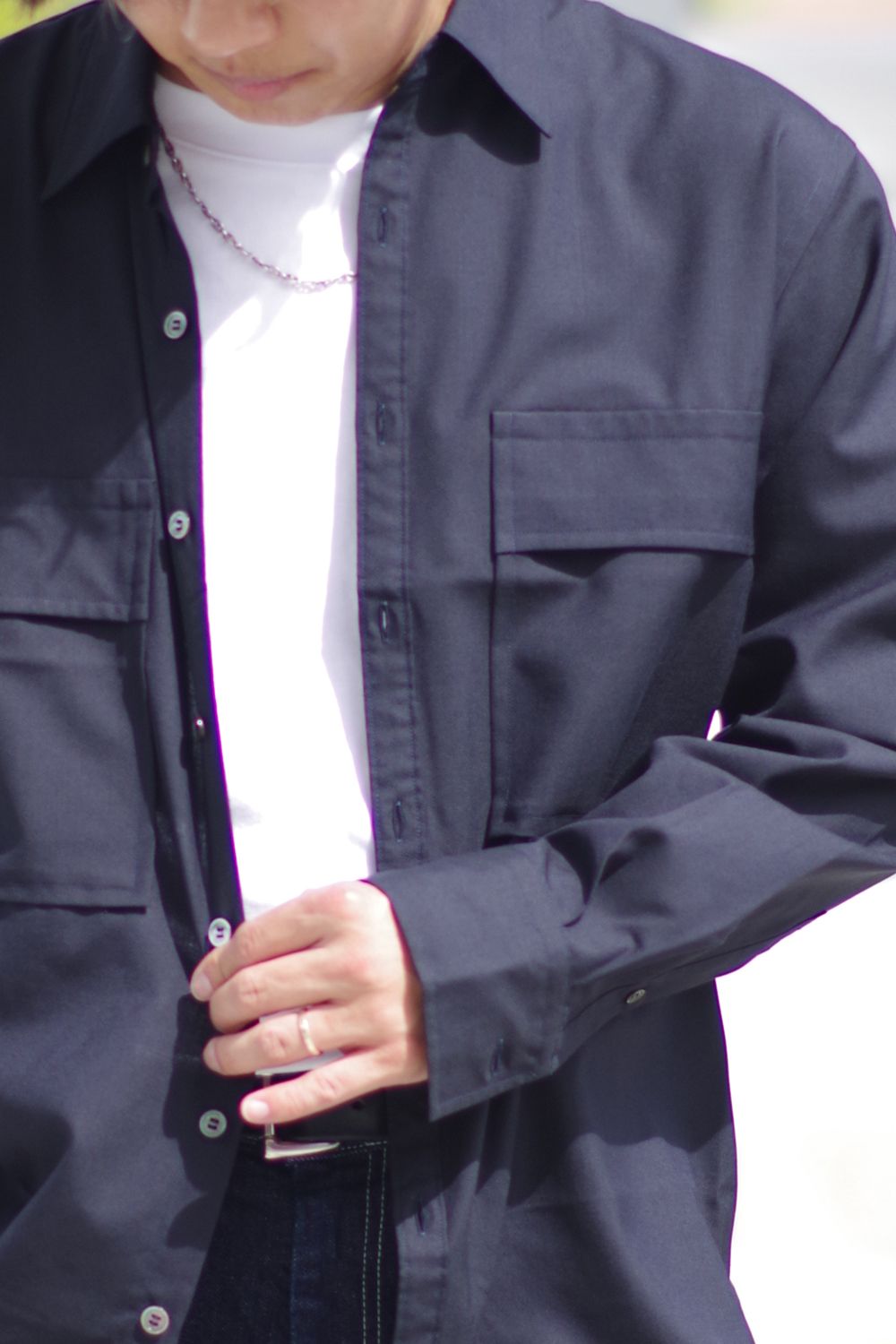 W POCKET SHIRT WOOL TROPICAL / ウォッシャブルウール ダブルポケットシャツ ネイビー