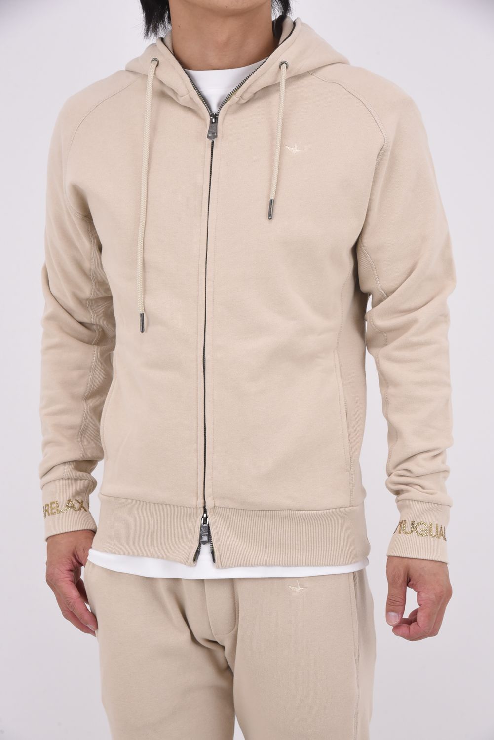 HOODIE WITH RHINESTONE CUFFS / ラインストーンカフスウェットジップパーカー (ベージュ)