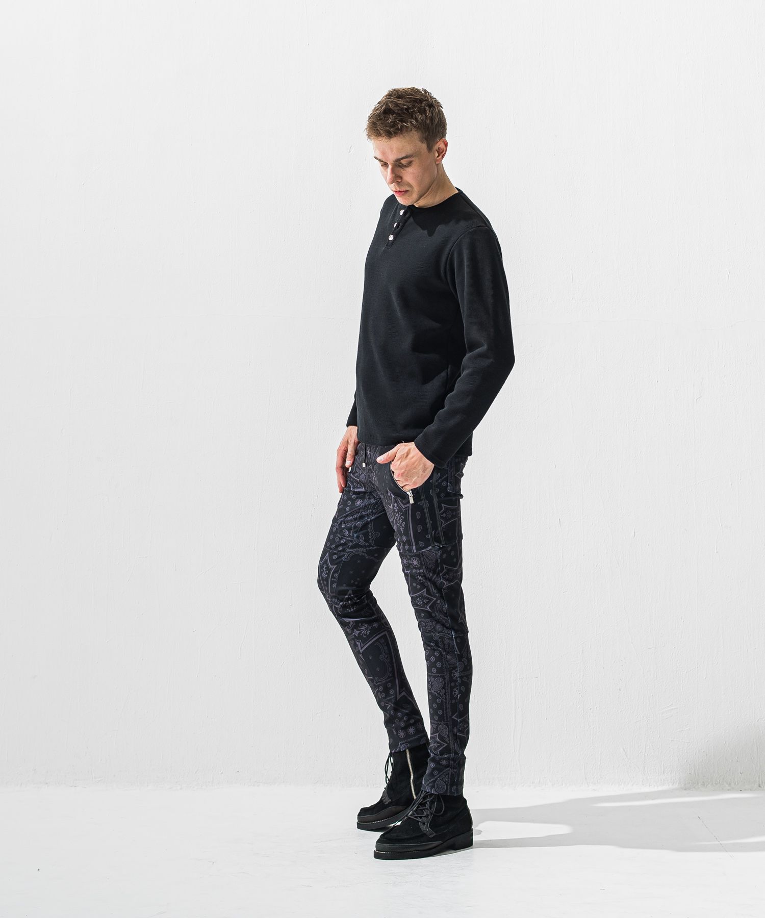 VELOURS FLEECE THERMAL HENRY / 裏起毛 サーマル生地 ロングスリーブ ヘンリーネック (ブラック) (10月下旬入荷予定) ※オーダー締切:9月7日(月)17時